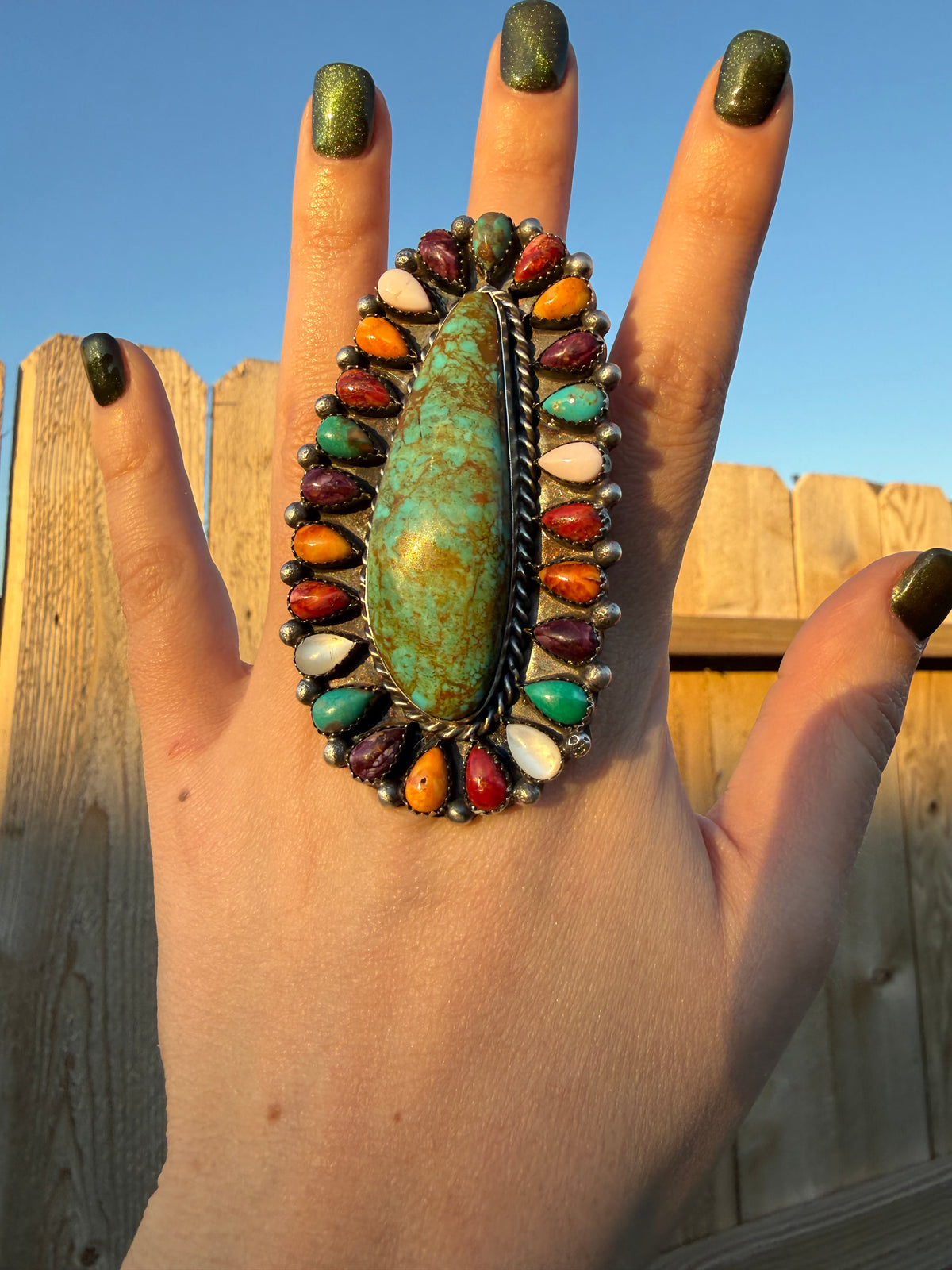 Navajo Multi Color and Turquoise Huge Full Flower Statement Adjustable Sterling Silver Ring