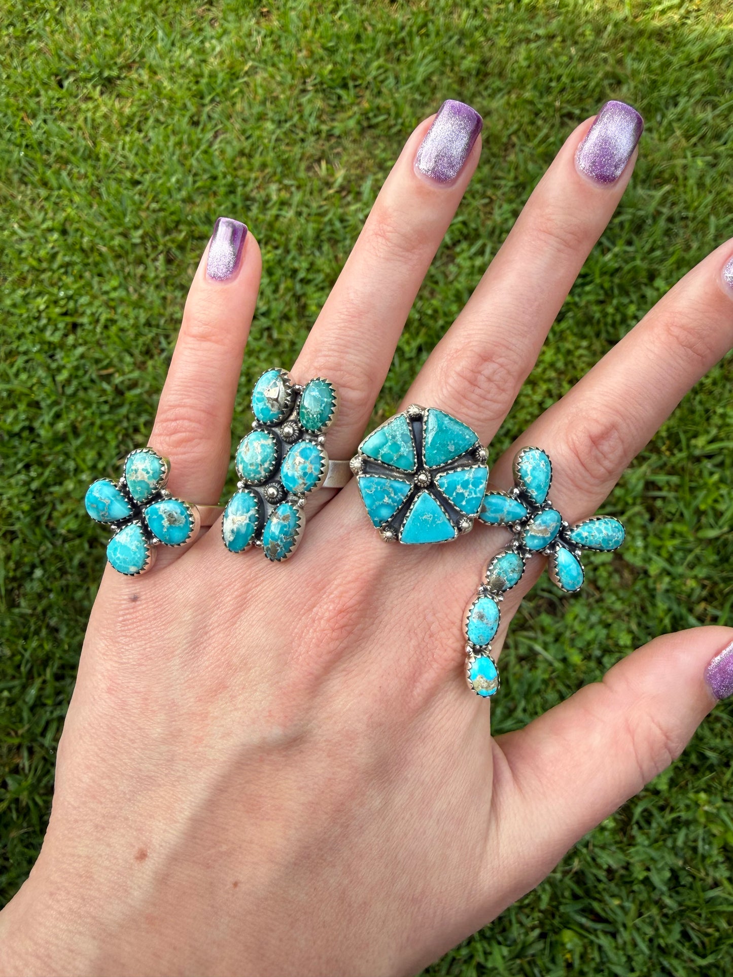 Whitewater Turquoise Cluster Sterling Silver Adjustable Ring