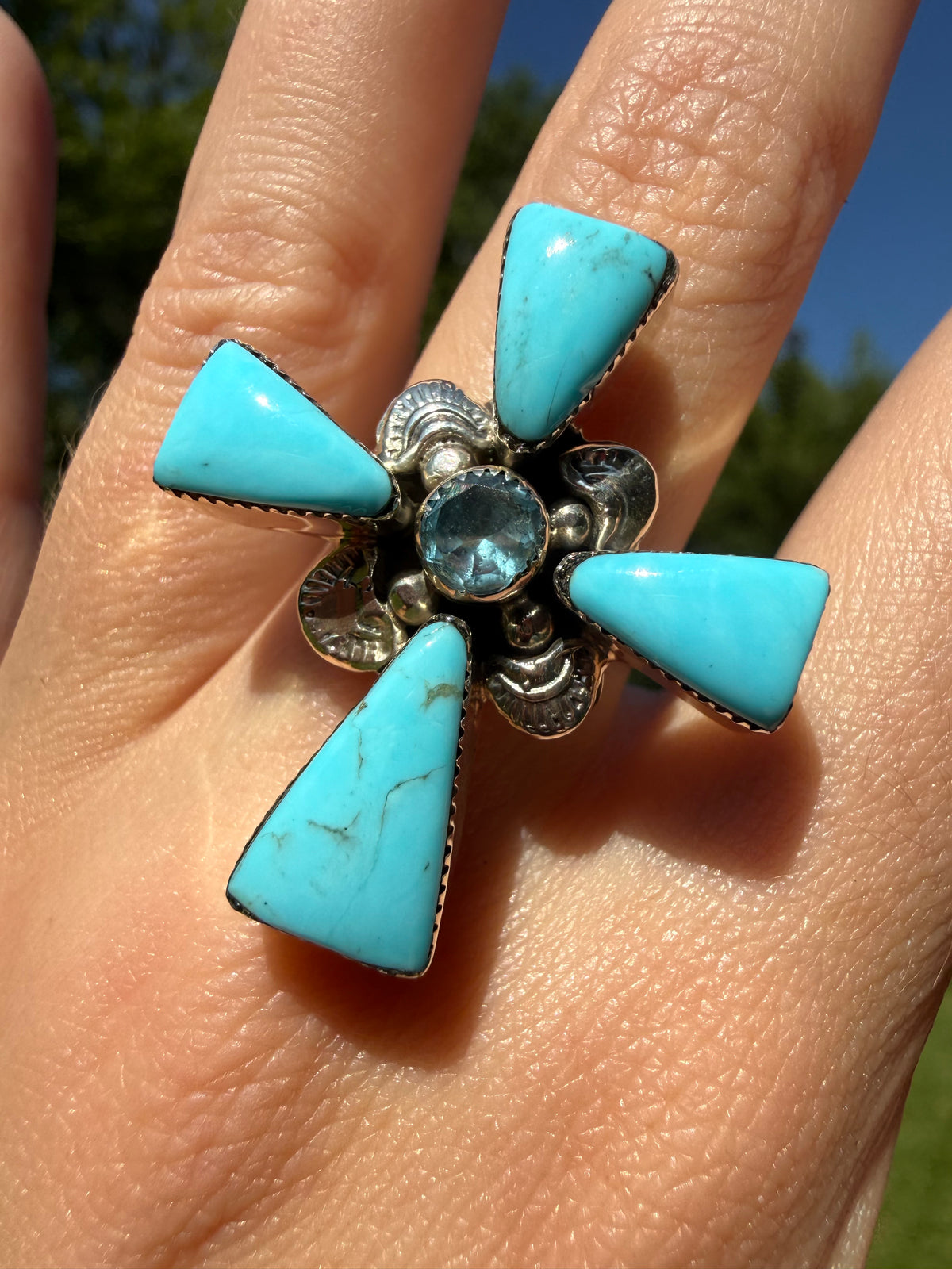 Navajo Turquoise and Blue Topaz Sterling Silver Ring - Size 7