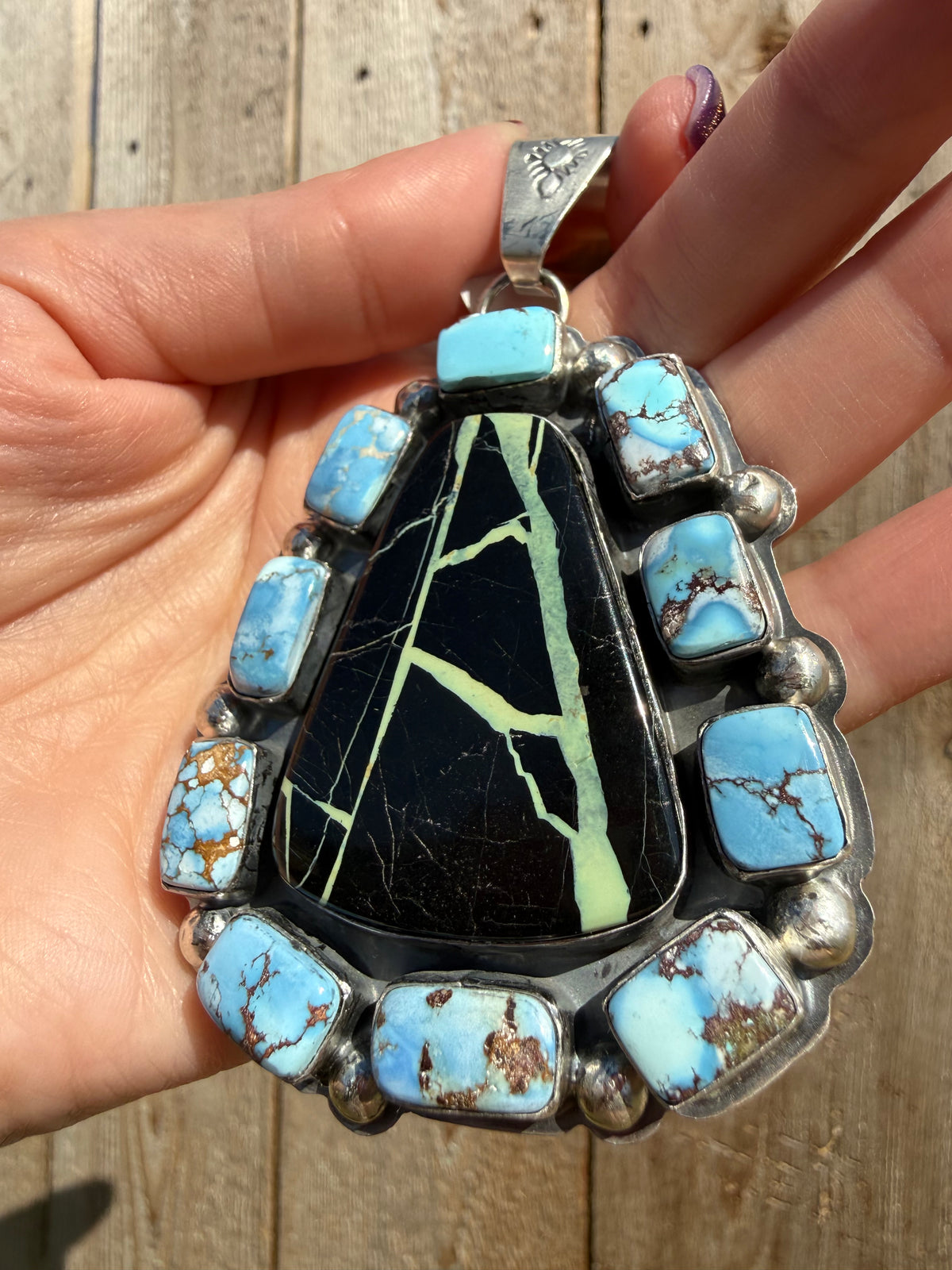 Navajo Blackjack and Golden Hills Big Cluster Sterling Silver Pendant