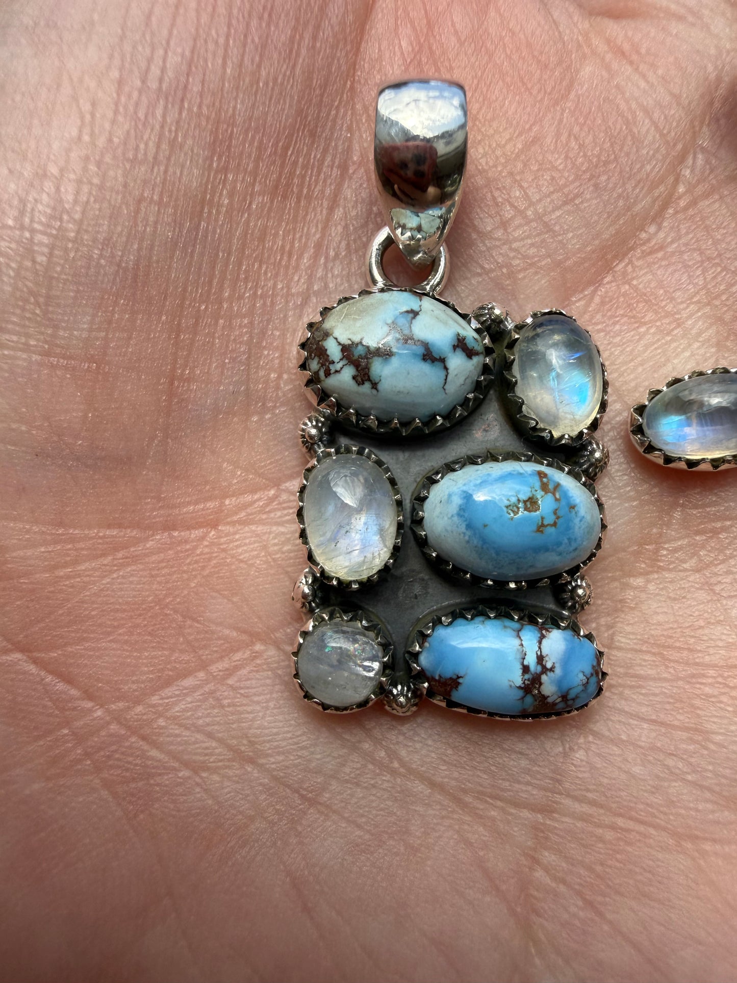 Rainbow Moonstone and Golden Hills Turquoise Sterling Silver Pendant