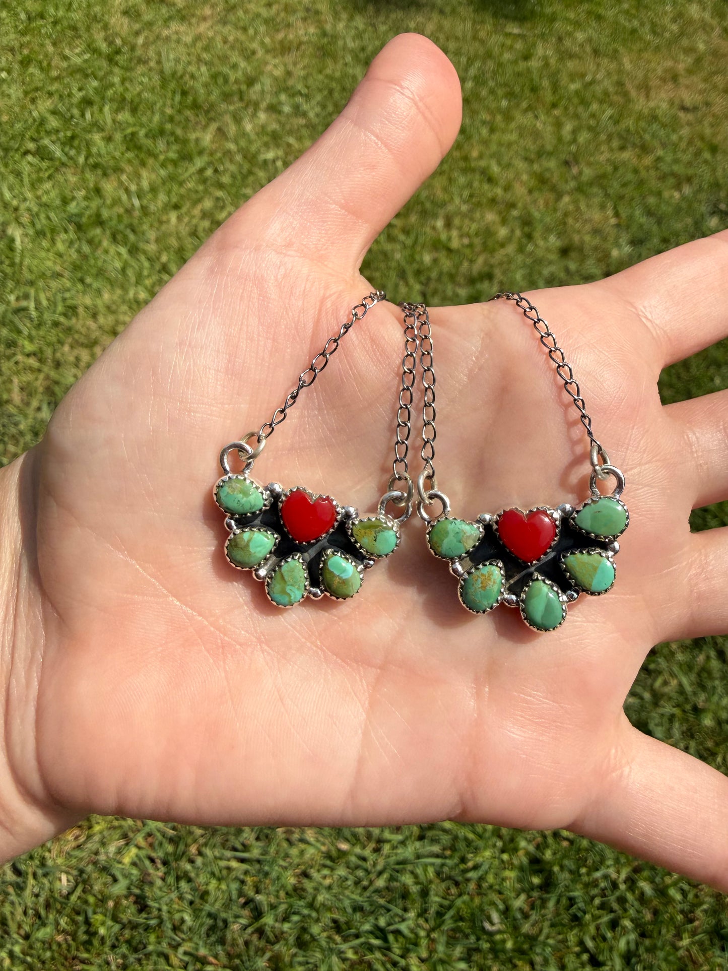 Kingman Turquoise and Red Rosarita Half Cluster Heart Necklace