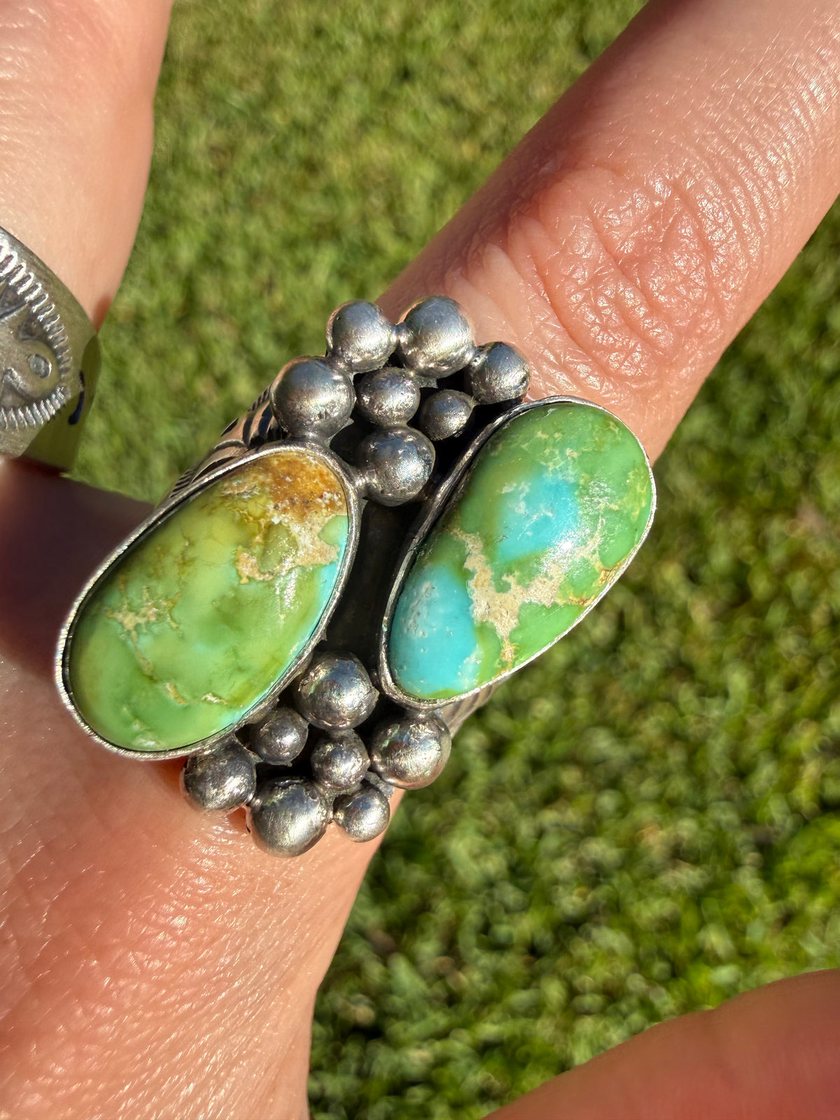Navajo Sonoran Gold Turquoise Double Stone Ball Work Cluster Ring
