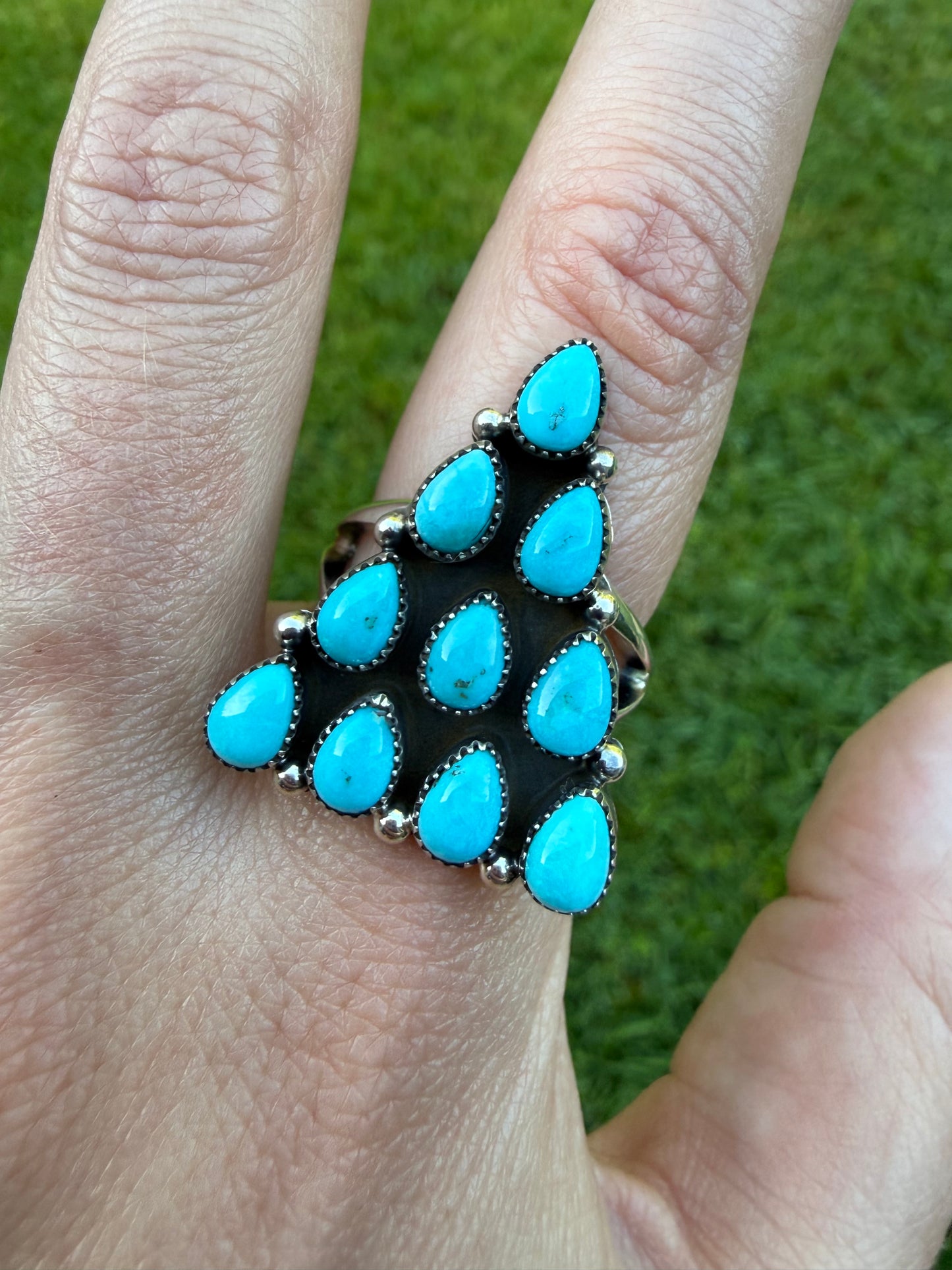 Navajo Turquoise Triangle Cluster Sterling Silver Ring
