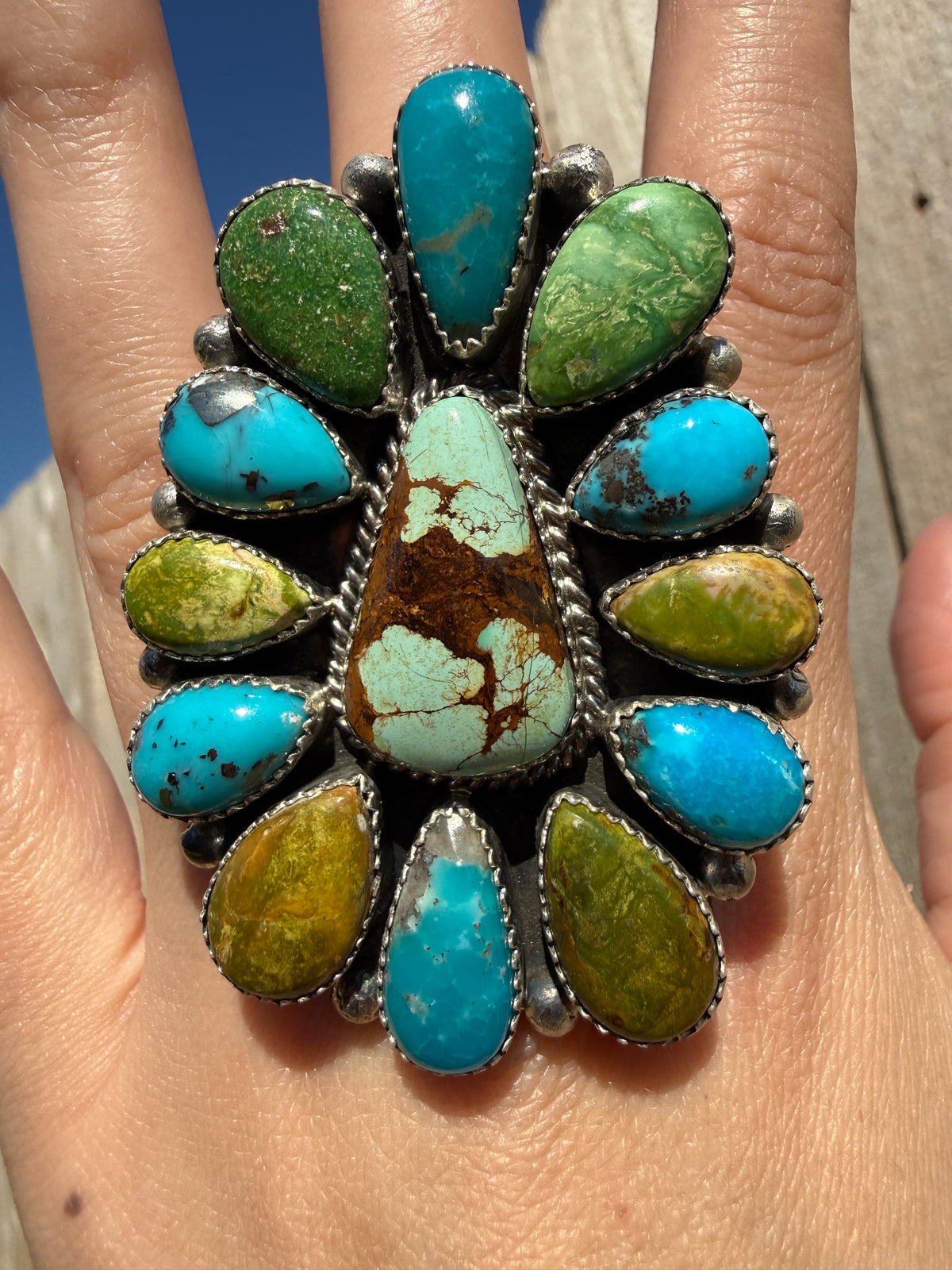 Navajo Big Multi Turquoise Full Flower Cluster Sterling Silver Adjustable Ring