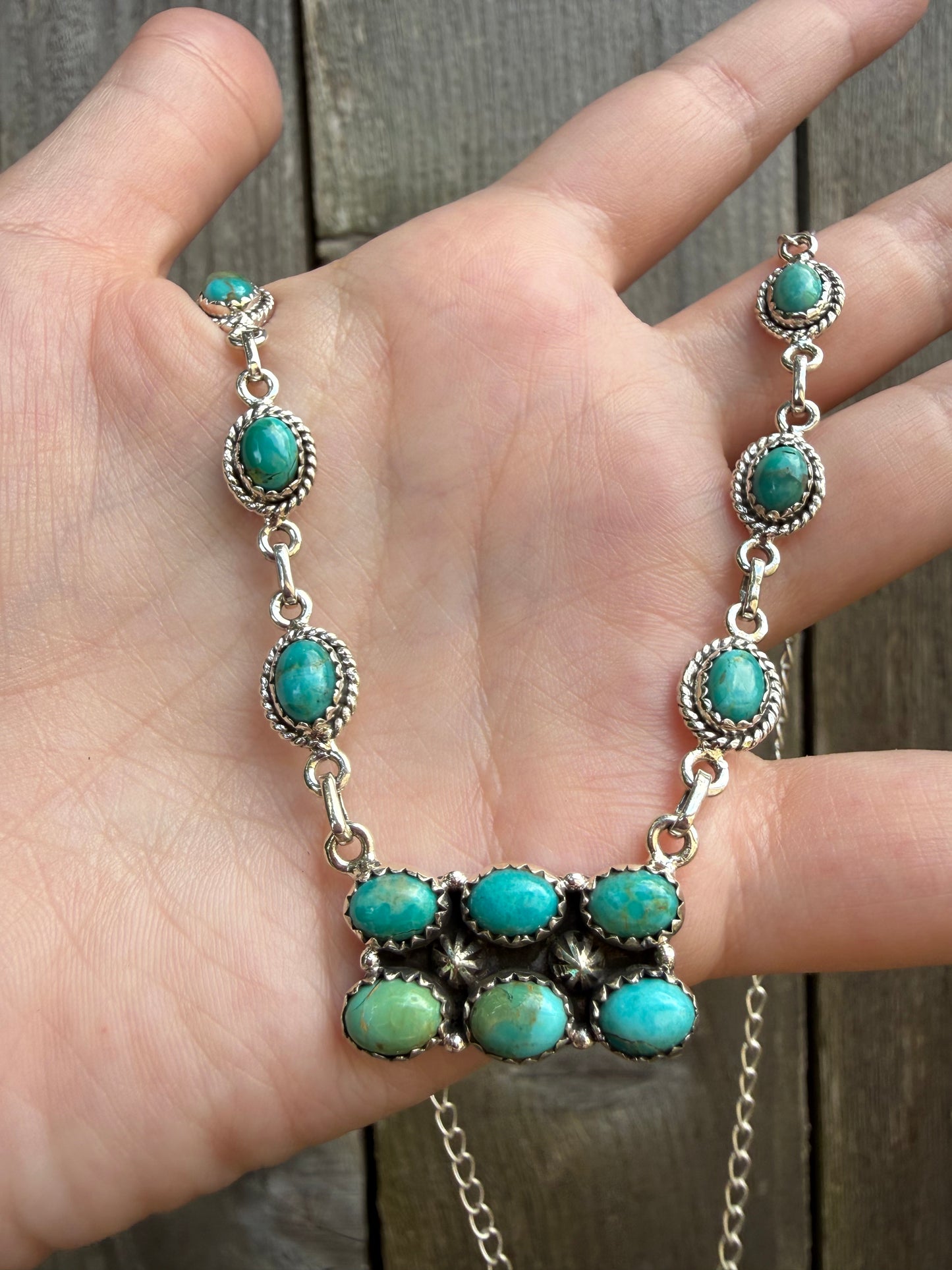 Turquoise Cluster Bar Petal Style  Sterling Silver Necklace