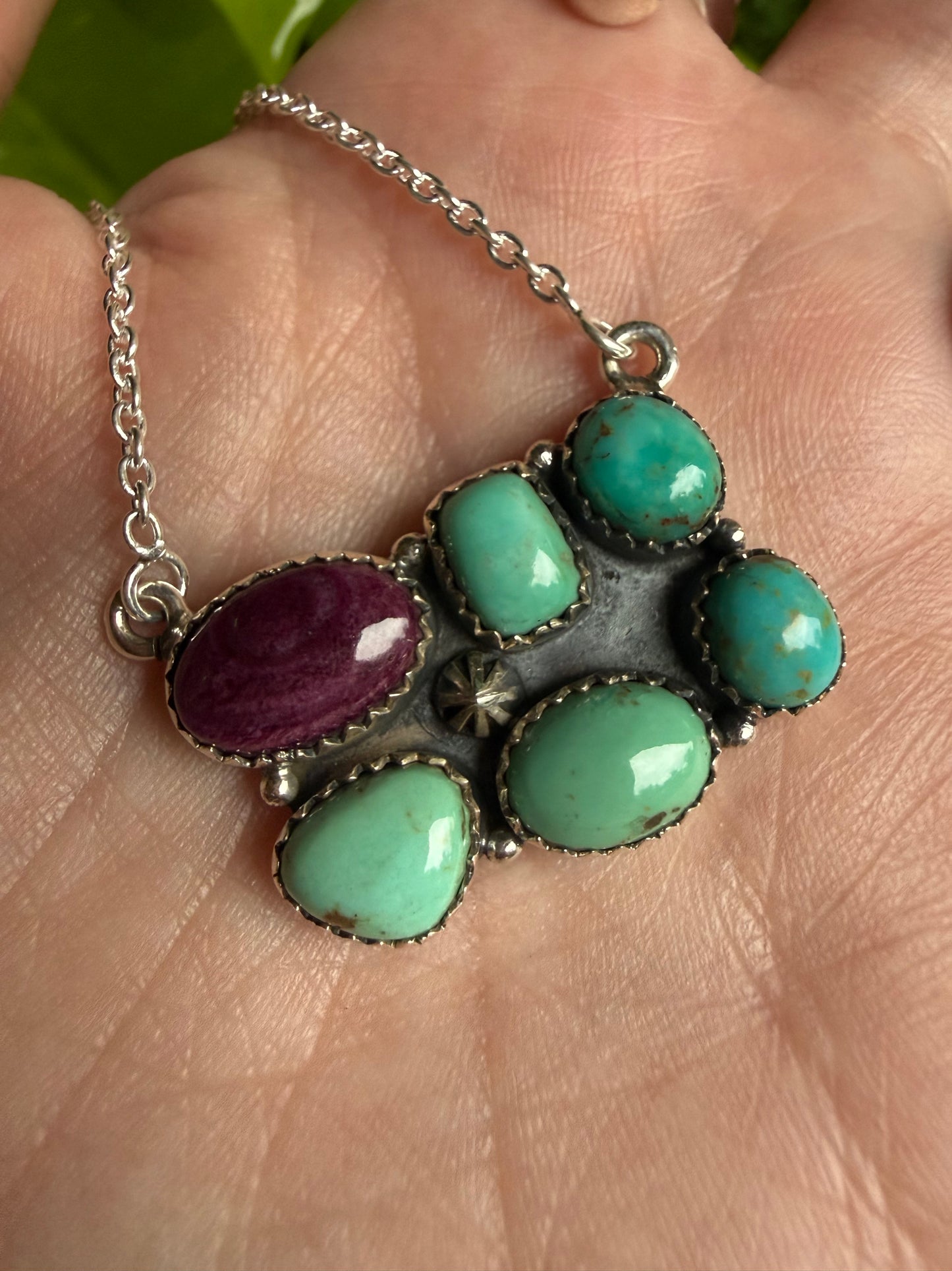 Kingman Turquoise and Purple Spiny Cluster Sterling Silver Ring or Necklace