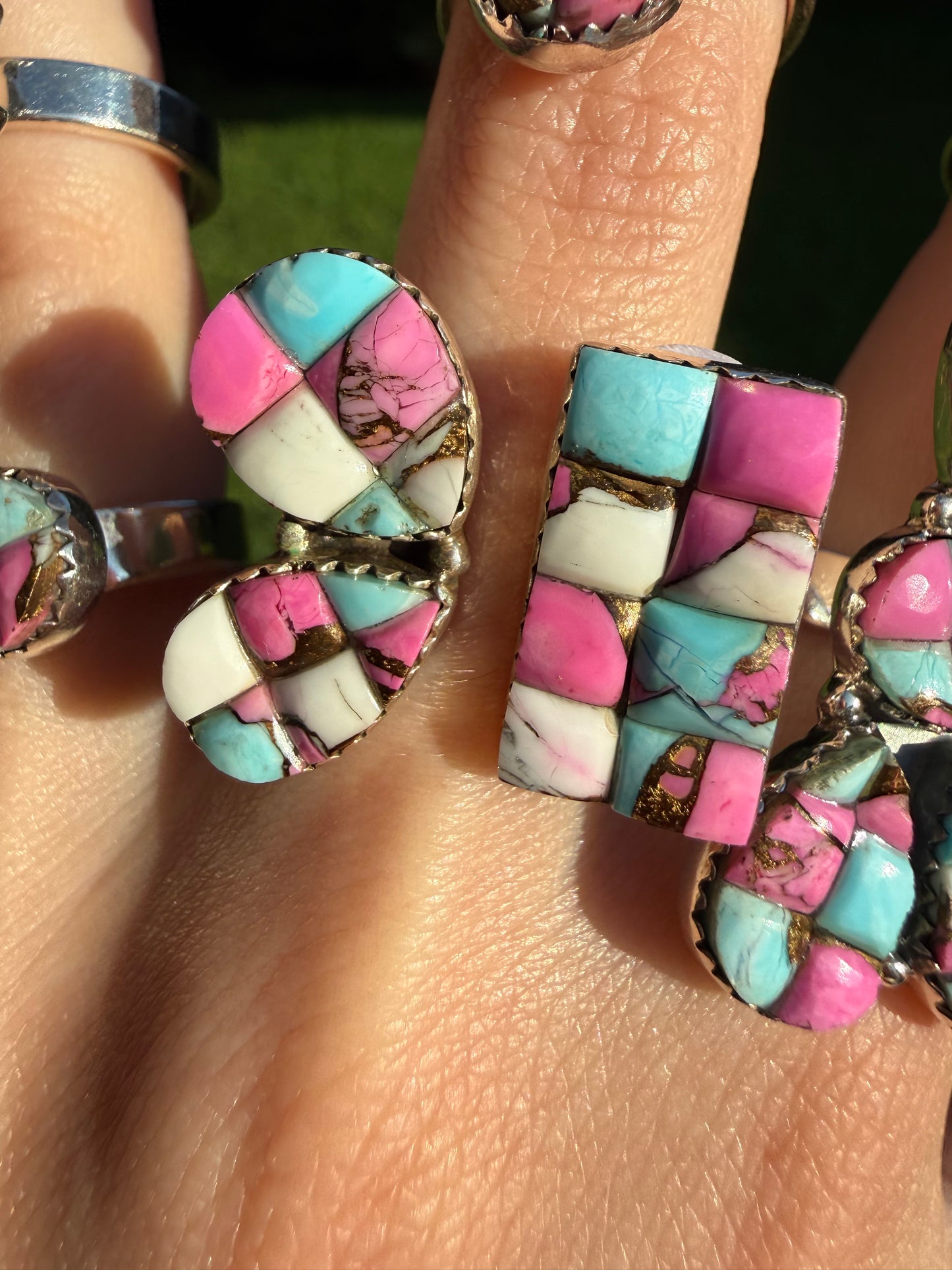 Cotton Candy Turquoise Cobblestone Sterling Silver Adjustable Rings