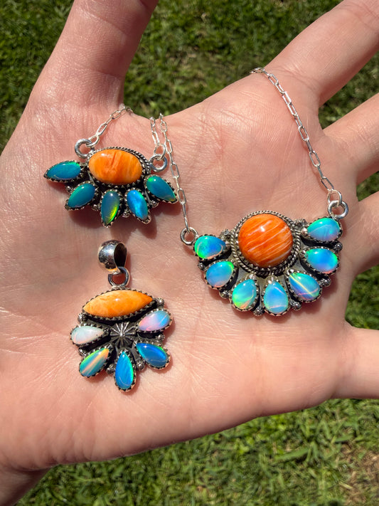 Orange Spiny and Balloon Opal Sterling Silver Necklace or Pendant
