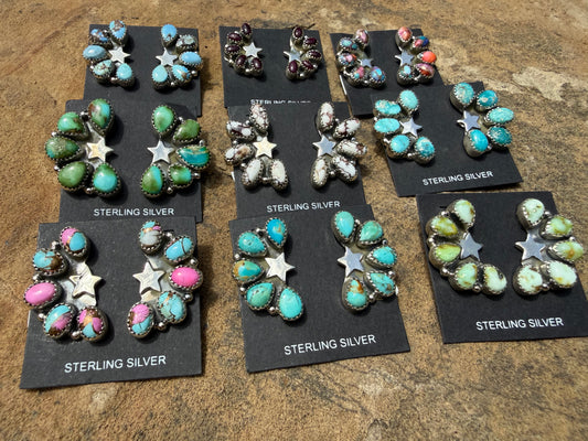 Turquoise Star and Multi Stone Half Cluster Sterling Silver Earrings