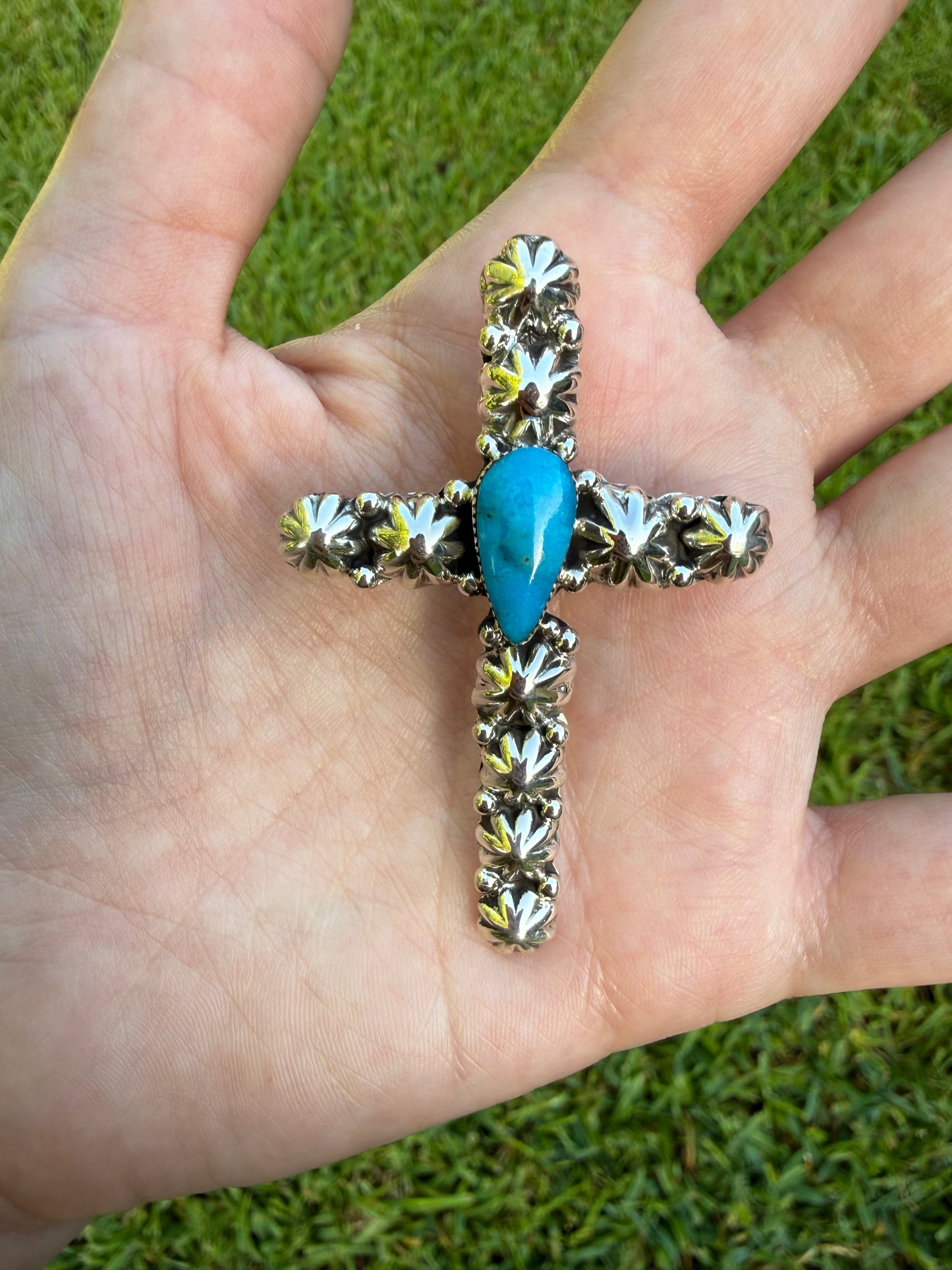 Navajo Turquoise Peyote Button Sterling Shepards Hook Pendant