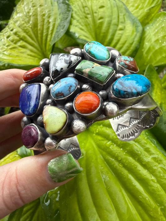 Native Navajo Multi Stone Sterling Silver Statement Cuff Chimney Butte