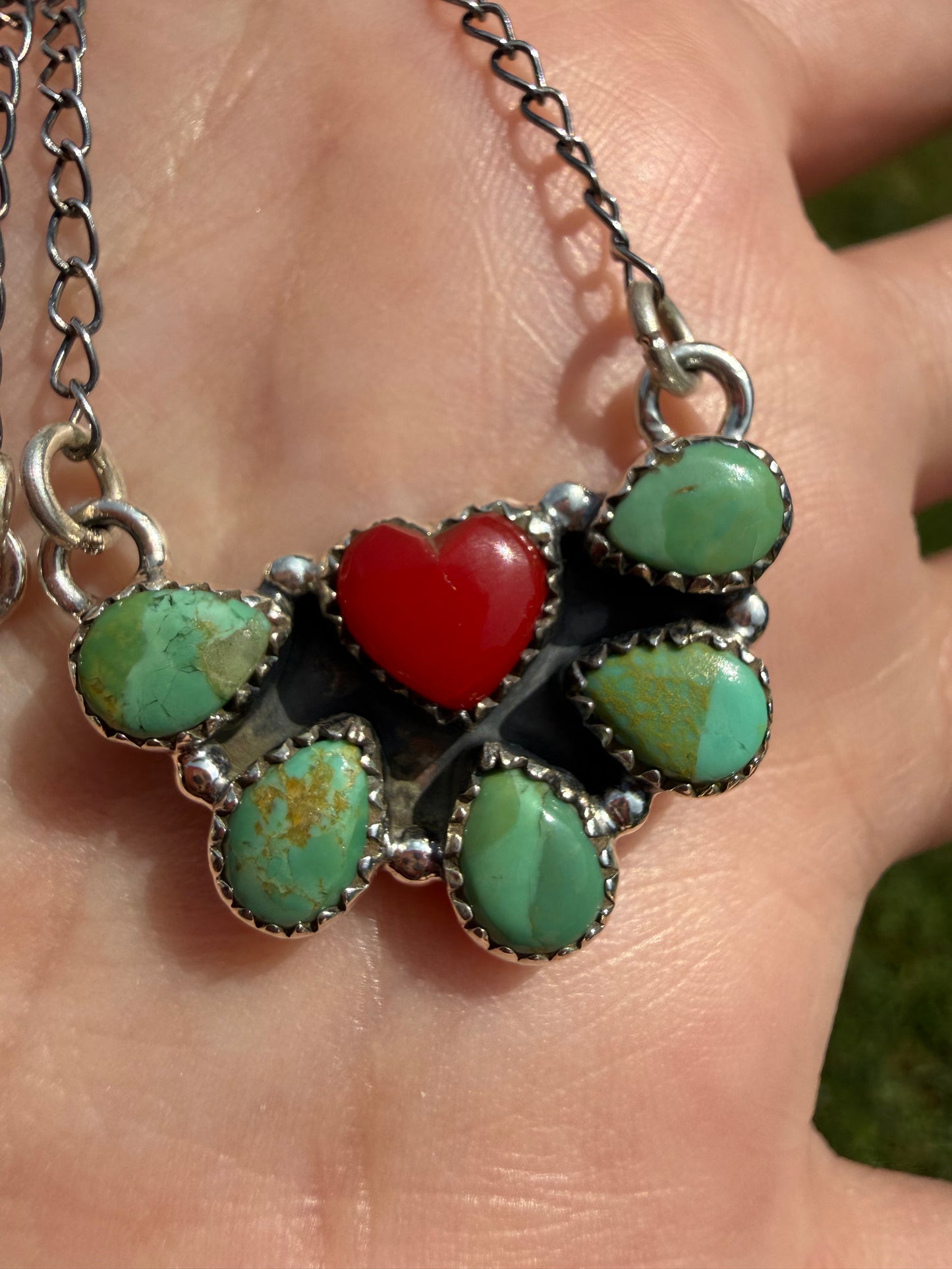 Kingman Turquoise and Red Rosarita Half Cluster Heart Necklace