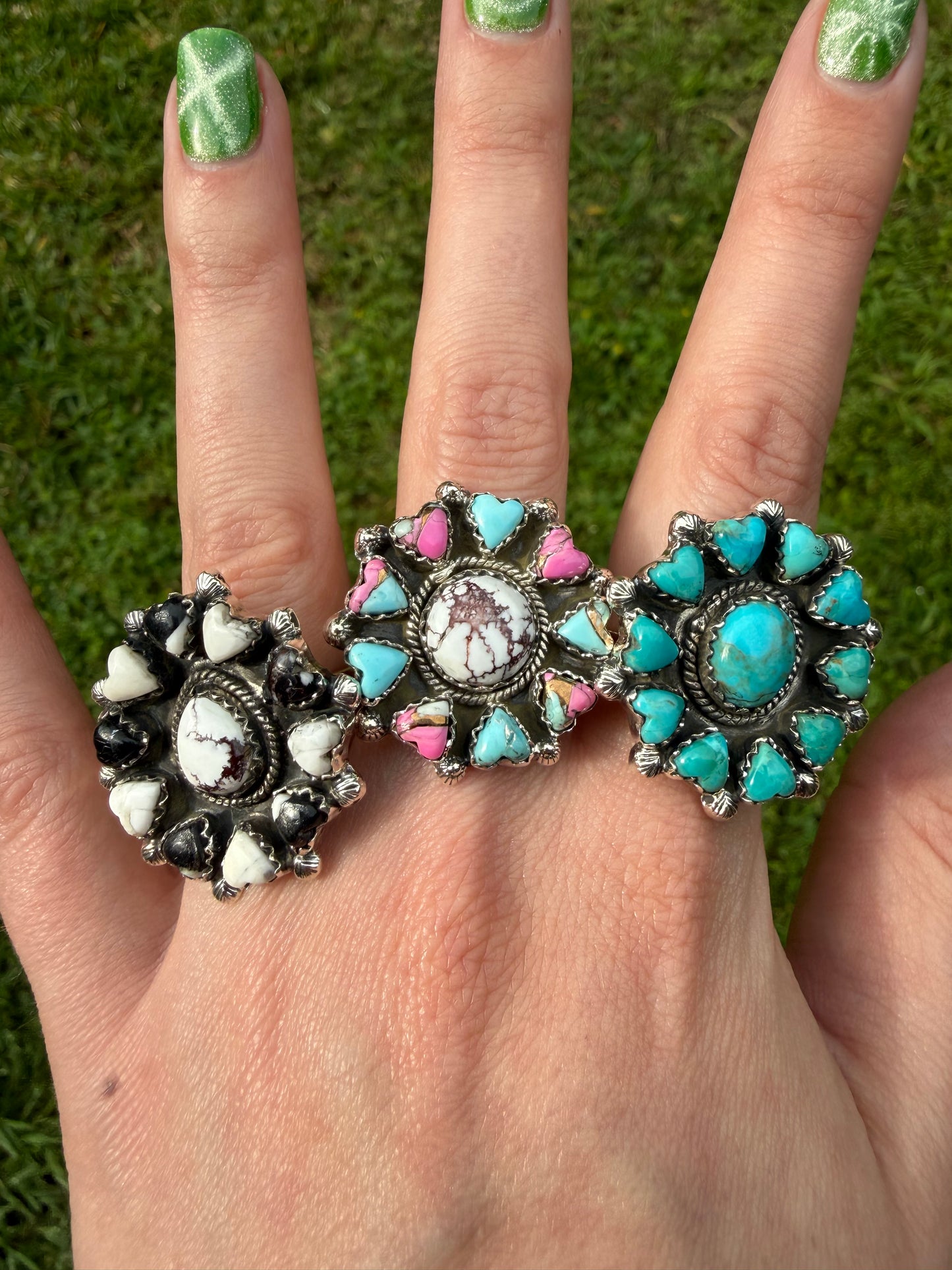 Kingman Turquoise, Cotton Candy and White Buffalo Wild Horse Heart Adjustable Ring
