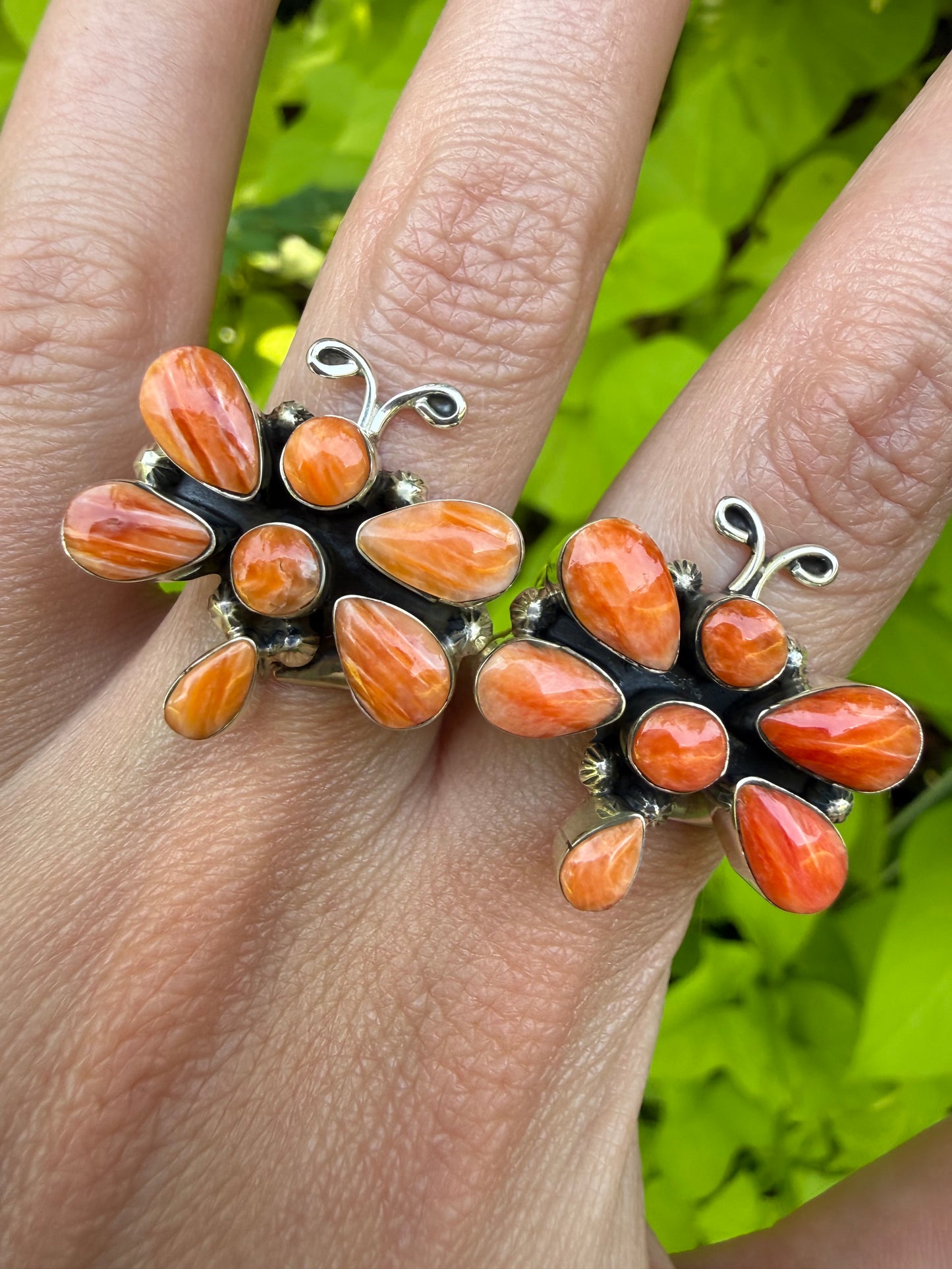 Navajo Orange Spiny Dragonfly Sterling Silver Ring