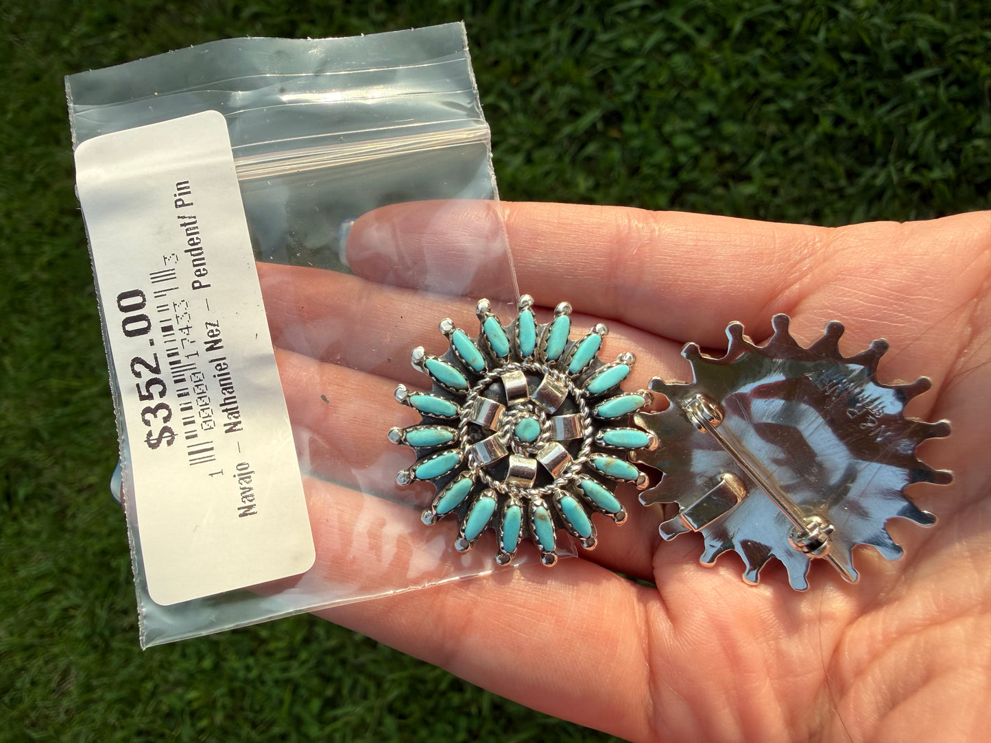 Zuni Needlepoint Turquoise Full Flower Sterling Silver Pin or Pendant