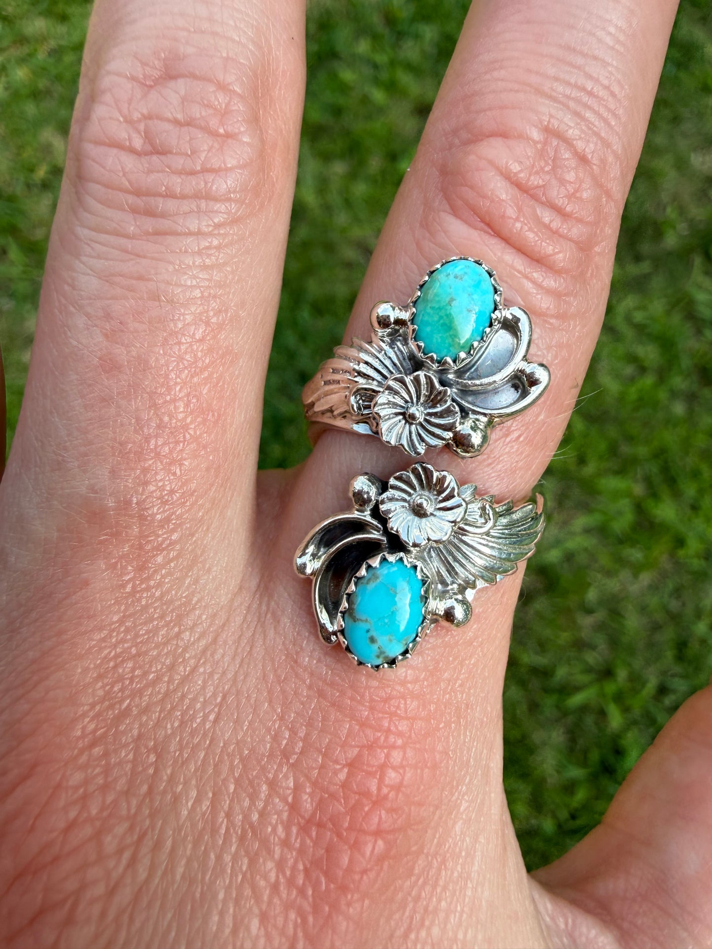 Native Turquoise Flower Floater Sterling Silver Ring