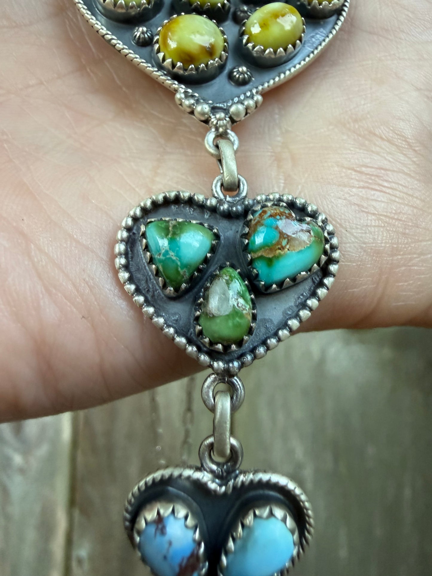 Palomino, Sonoran Gold, and Golden Hills Turquoise Triple Heart Statement Lariat Necklace