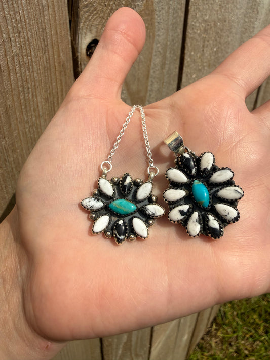 Kingman Turquoise and White Buffalo Full Flower Sterling Silver Pendant or Necklace
