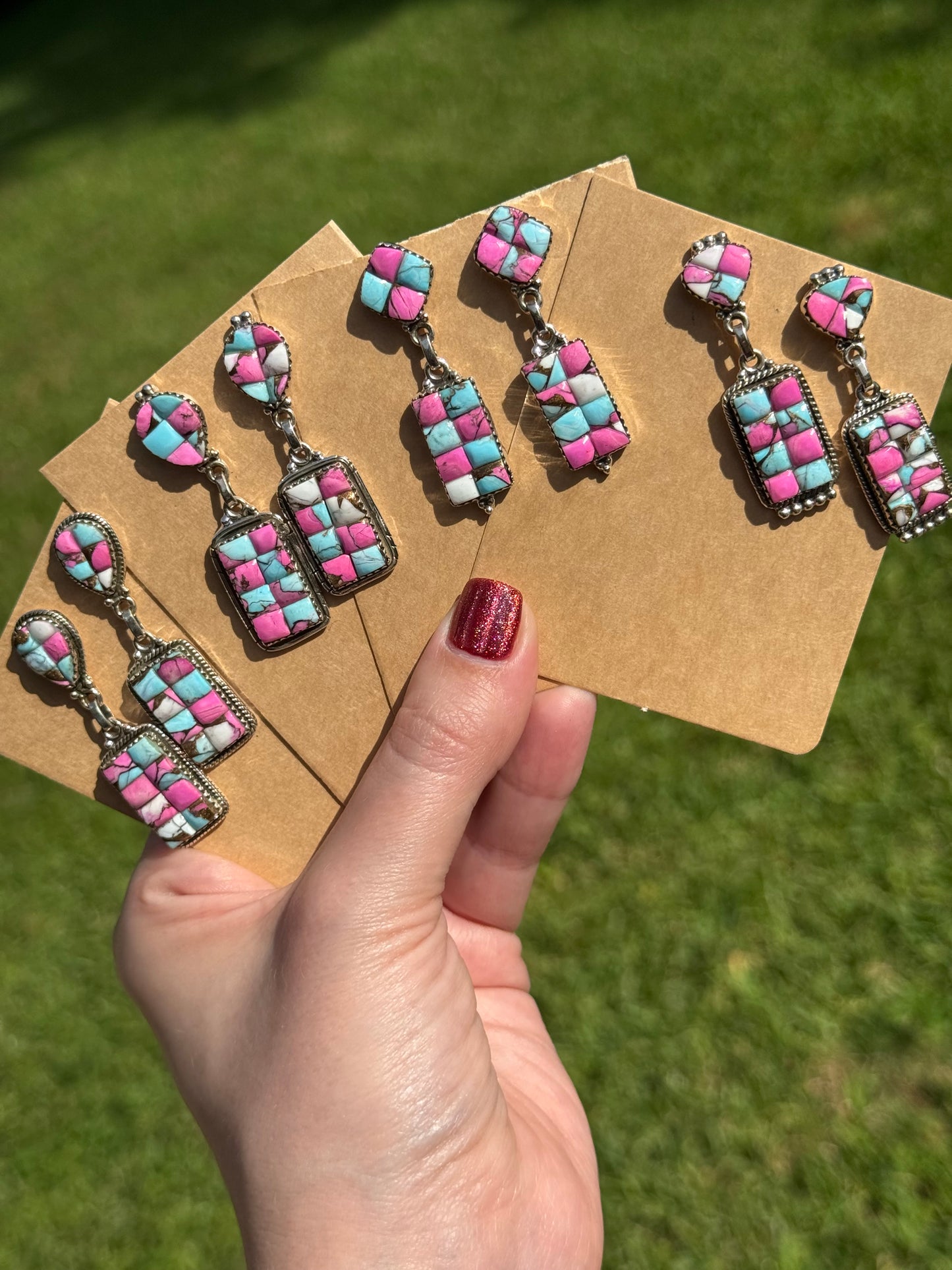 Cotton Candy Turquoise Cobblestone Sterling Silver Bar Dangle Earrings