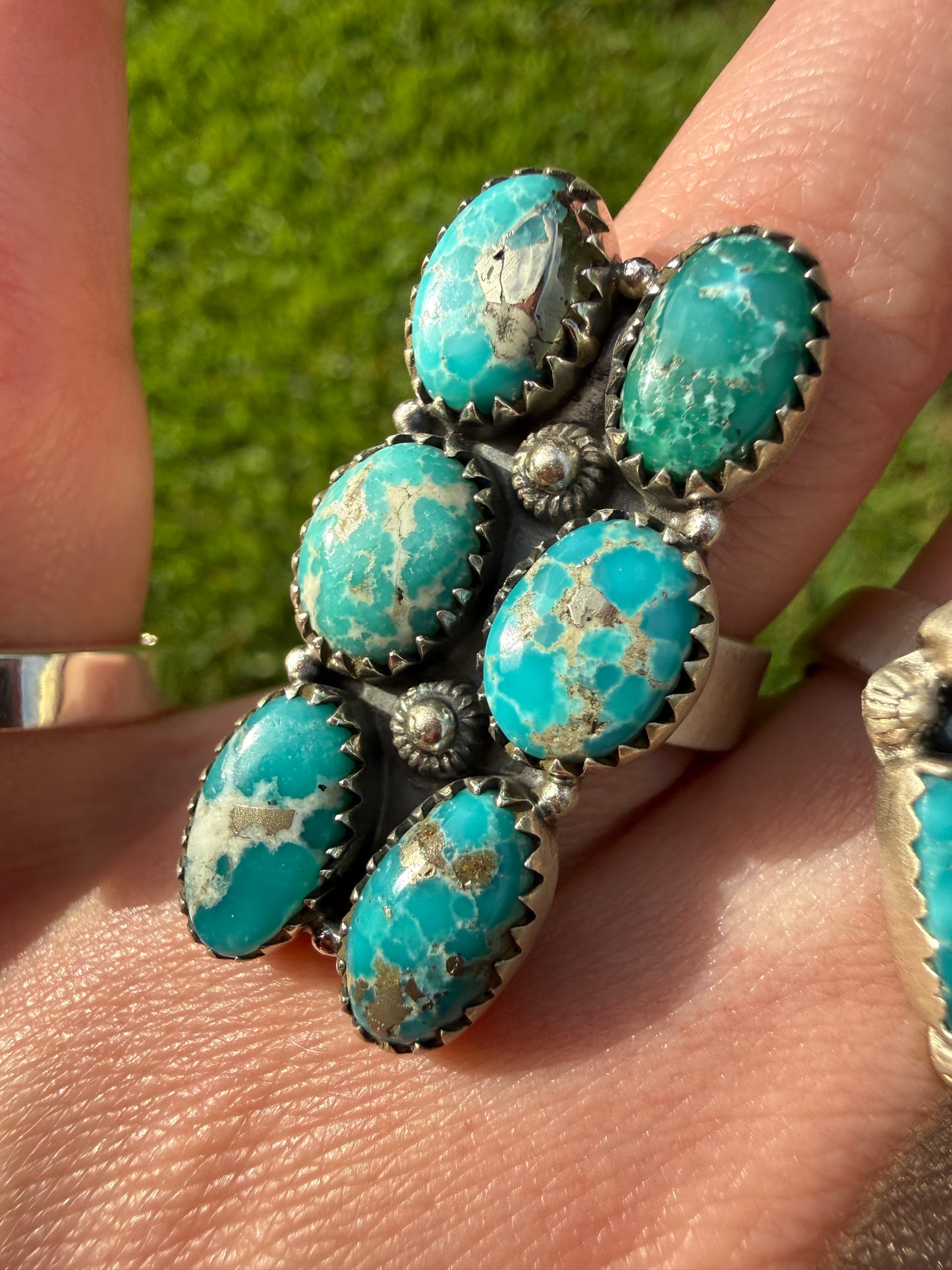 Whitewater Turquoise Cluster Sterling Silver Adjustable Ring