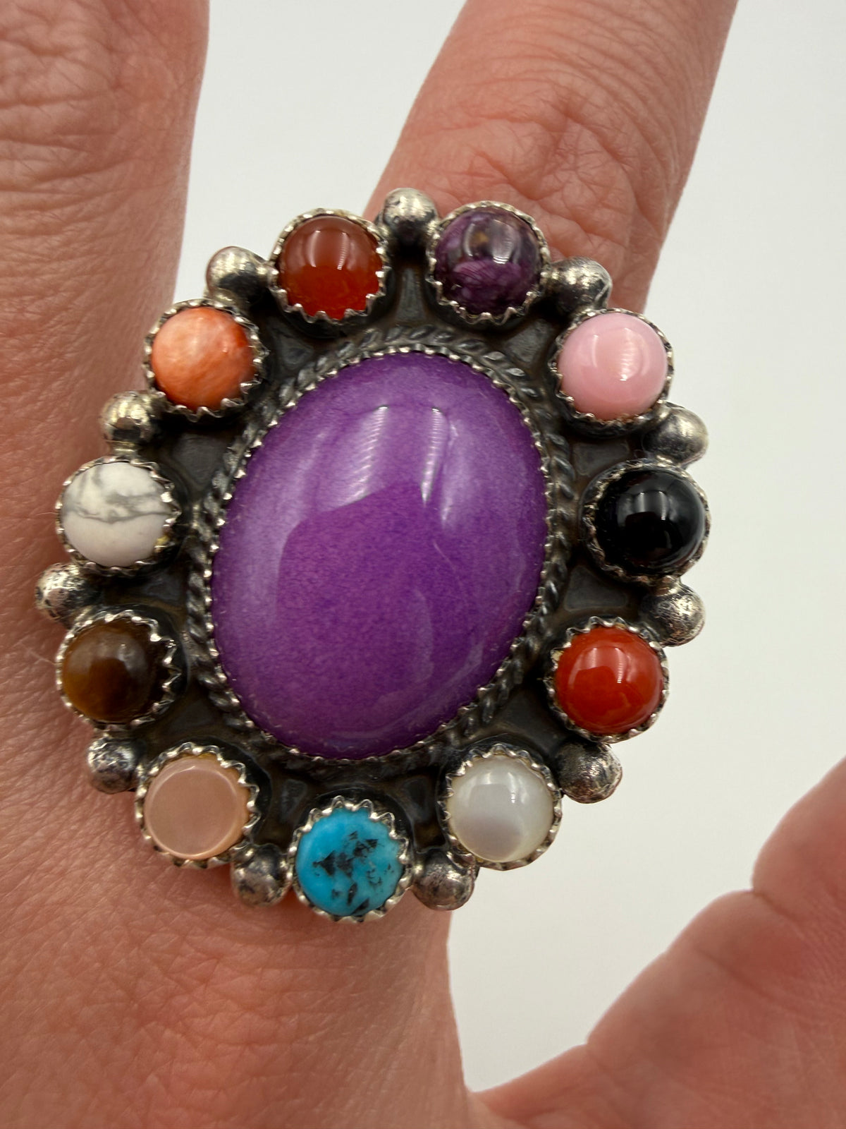 Navajo Multi Stone Full Flower Cluster Sterling Silver Ring - Size 8