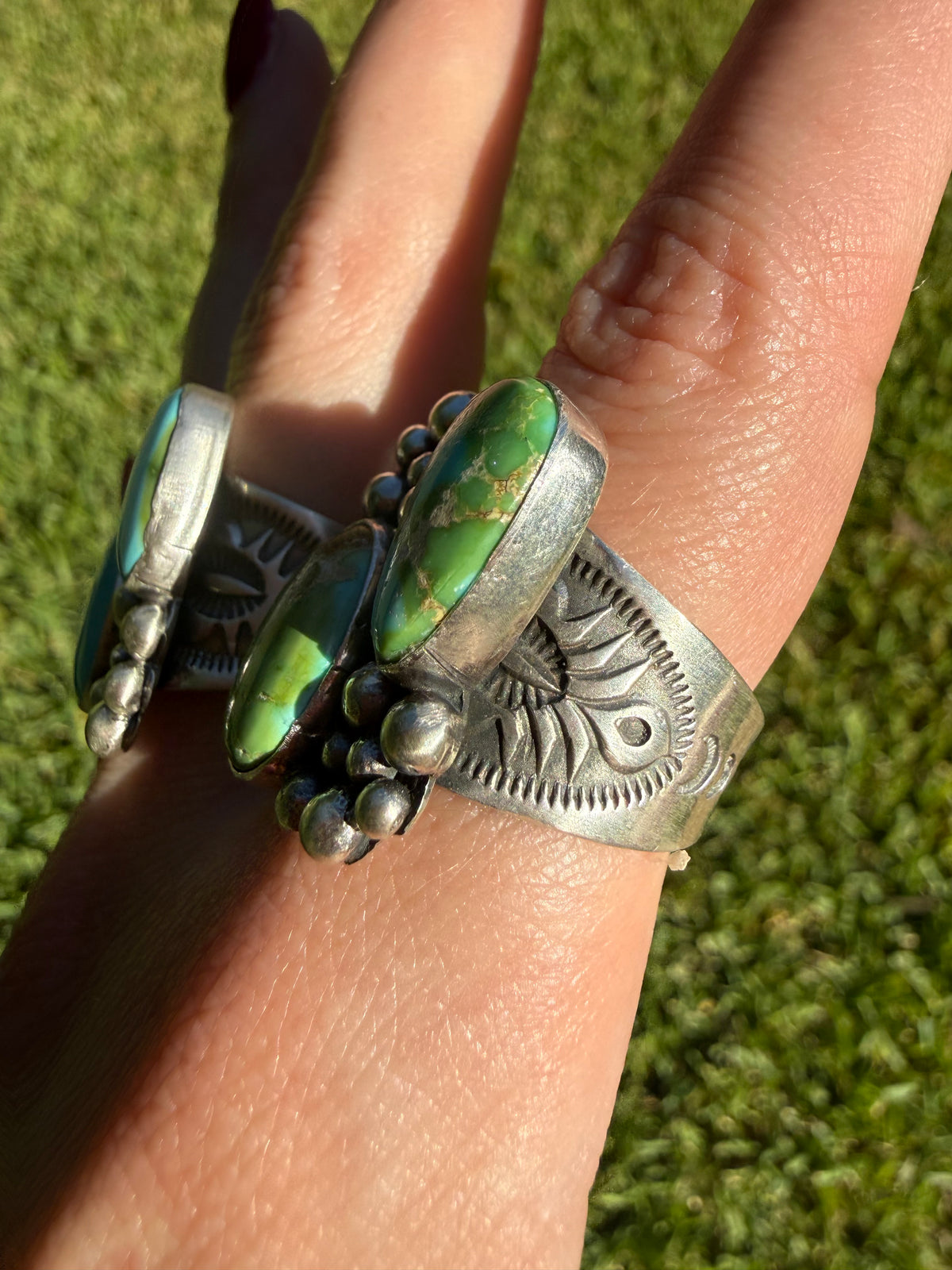 Navajo Sonoran Gold Turquoise Double Stone Ball Work Cluster Ring