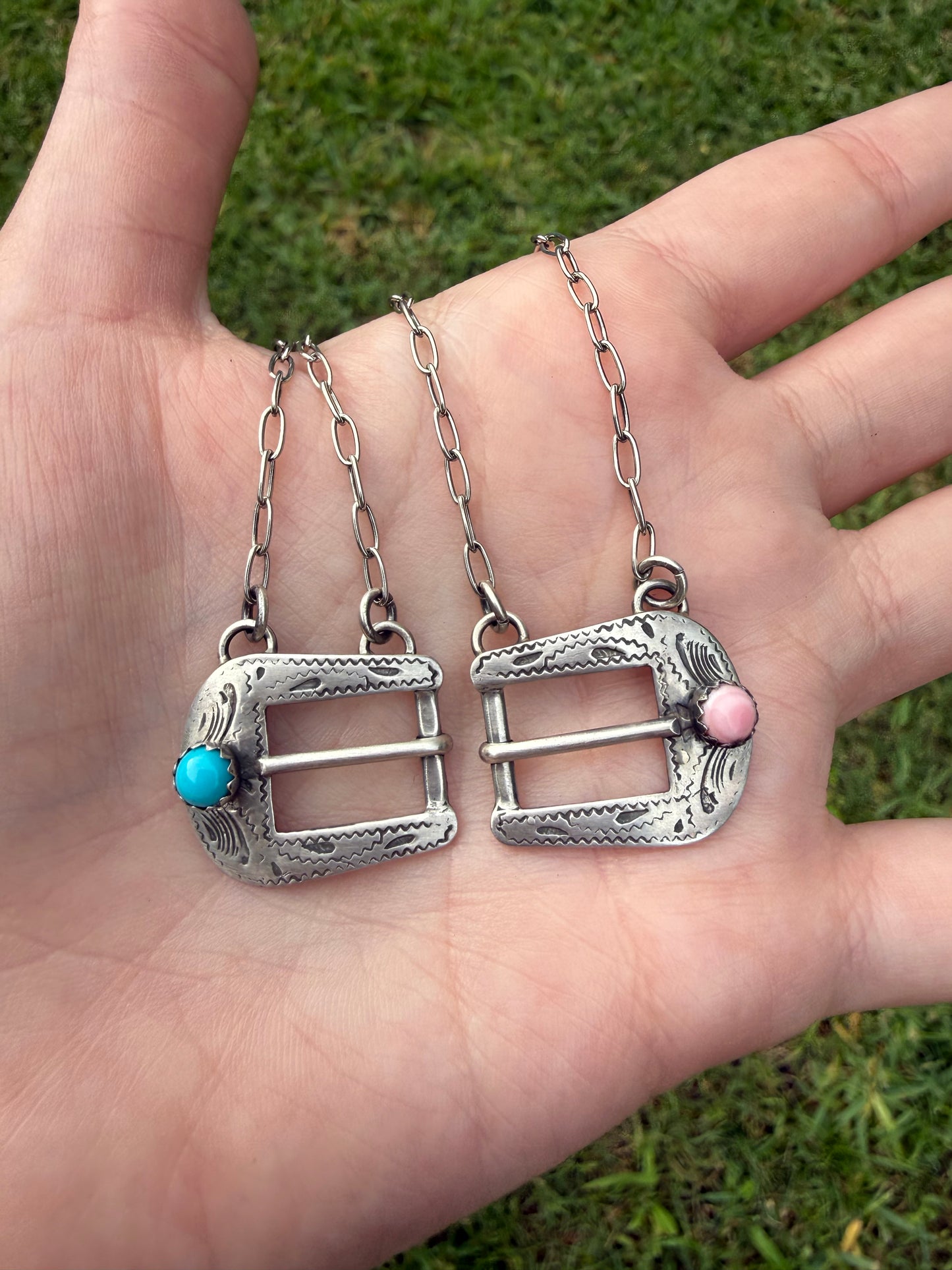 Native Turquoise or Pink Conch Belt Buckle Sterling Silver Necklace