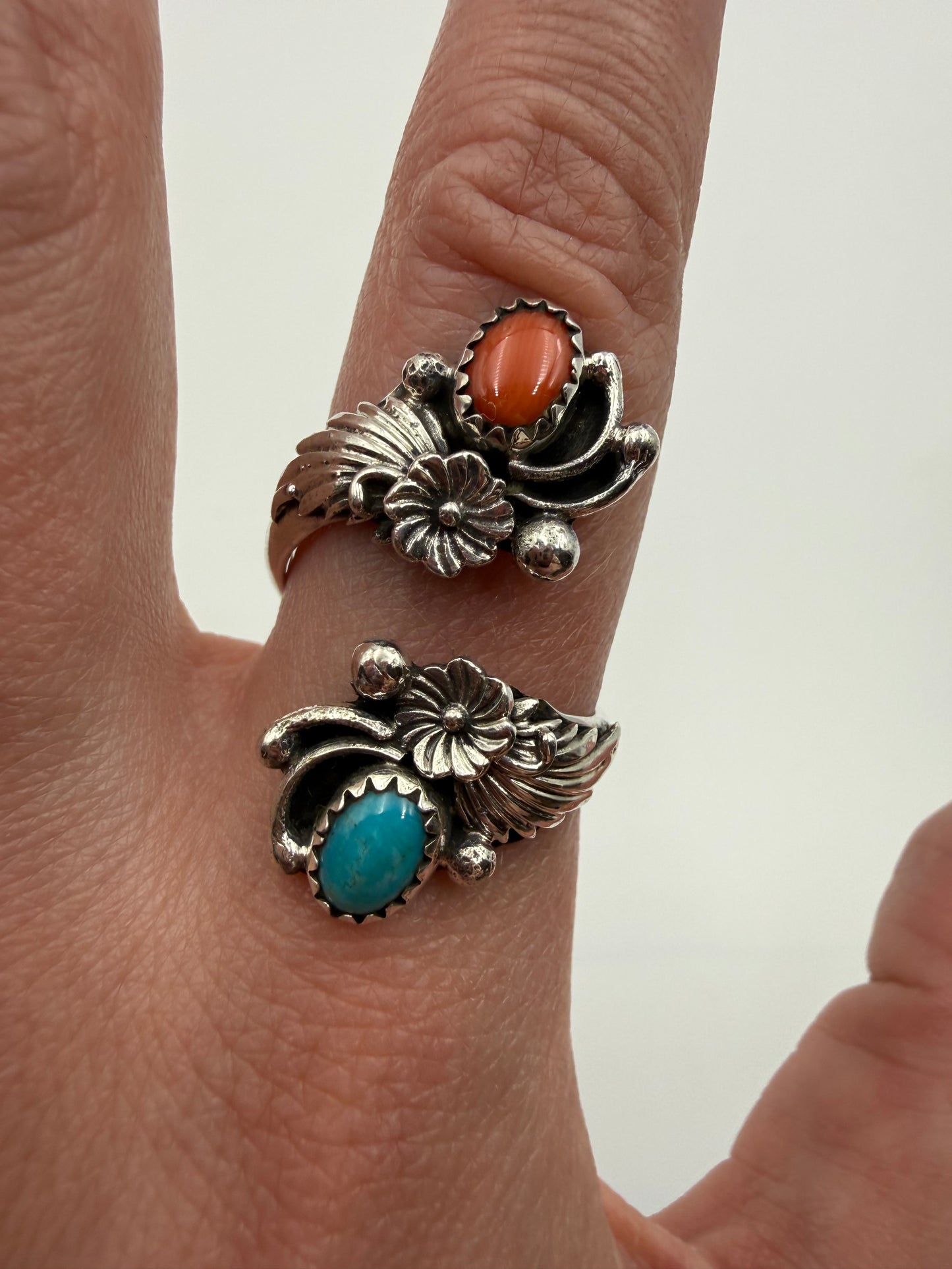 Navajo Turquoise and Coral Flower Floater Bypass Ring