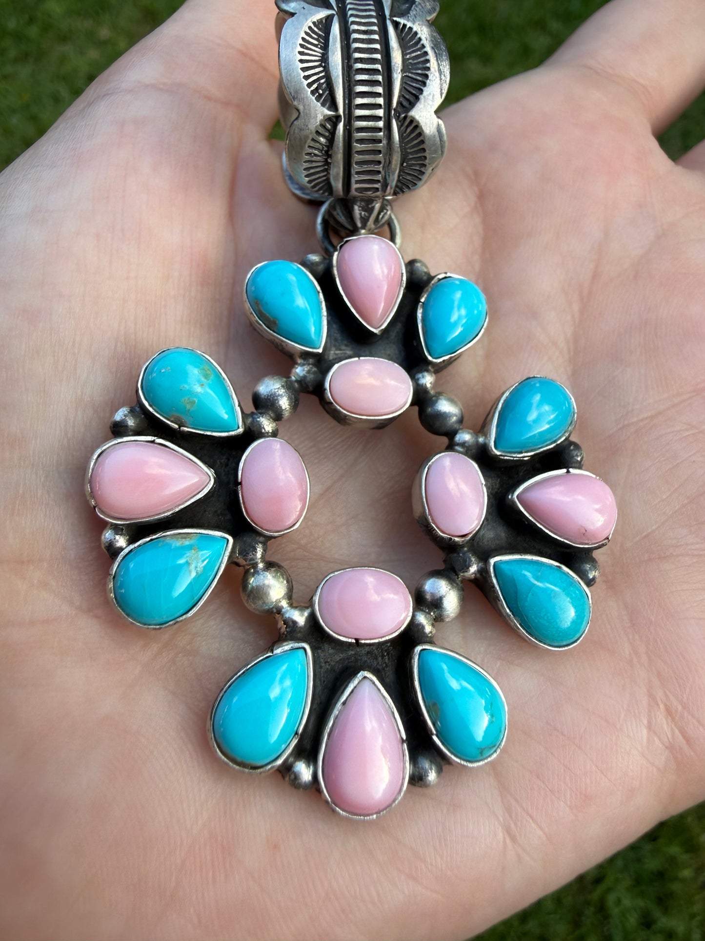 Navajo Pink Conch and Turquoise Cluster Sterling Silver Pendant
