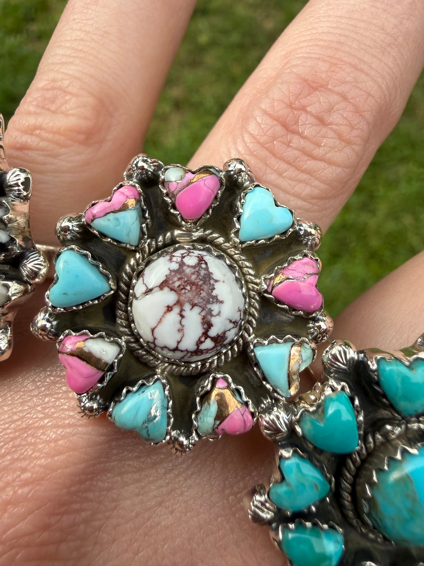 Kingman Turquoise, Cotton Candy and White Buffalo Wild Horse Heart Adjustable Ring