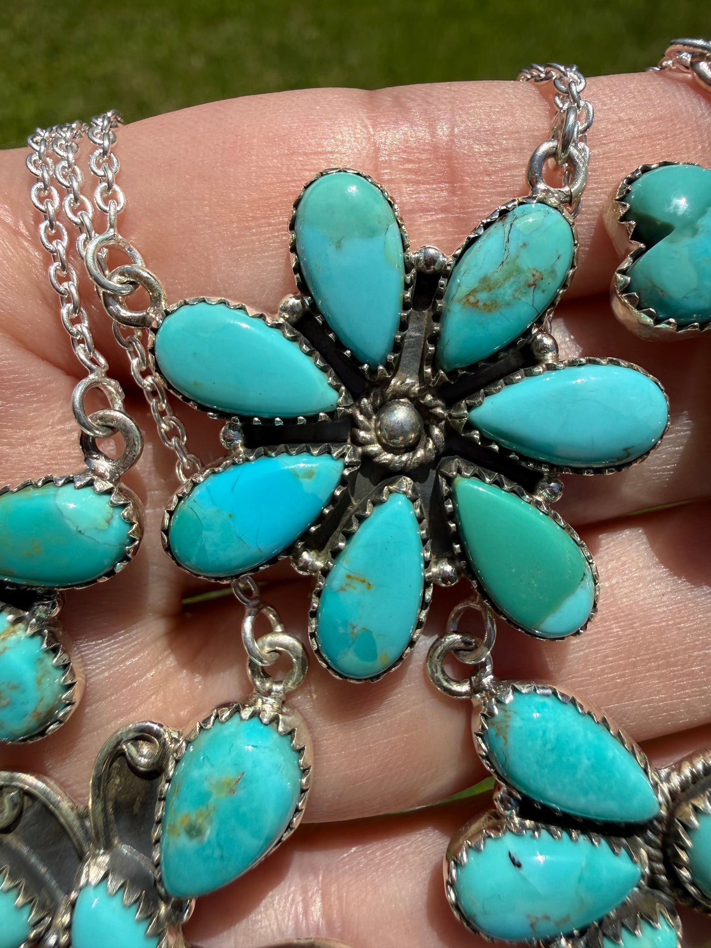Kingman Turquoise Classic Cluster Sterling Silver Necklace