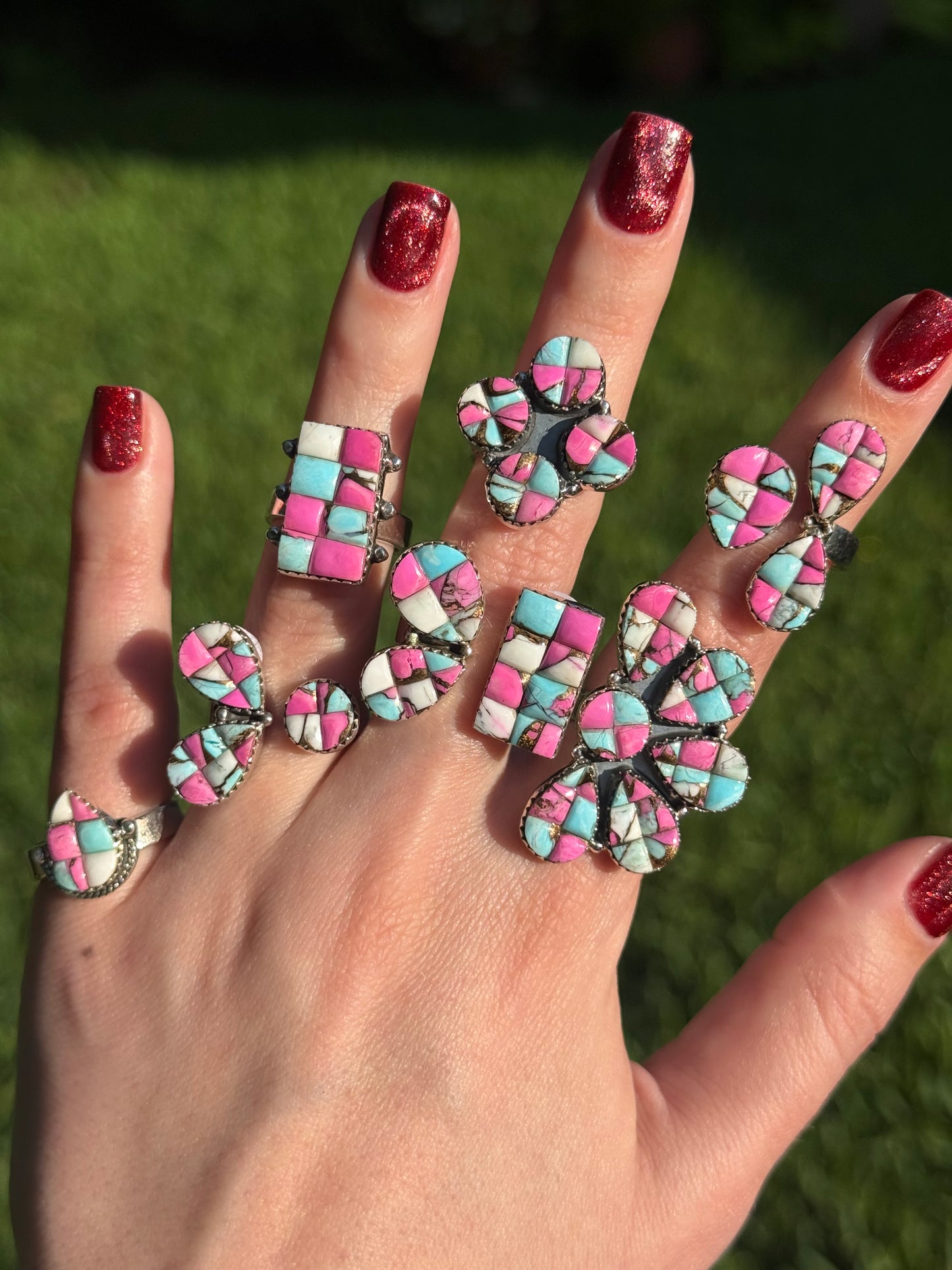Cotton Candy Turquoise Cobblestone Sterling Silver Adjustable Rings