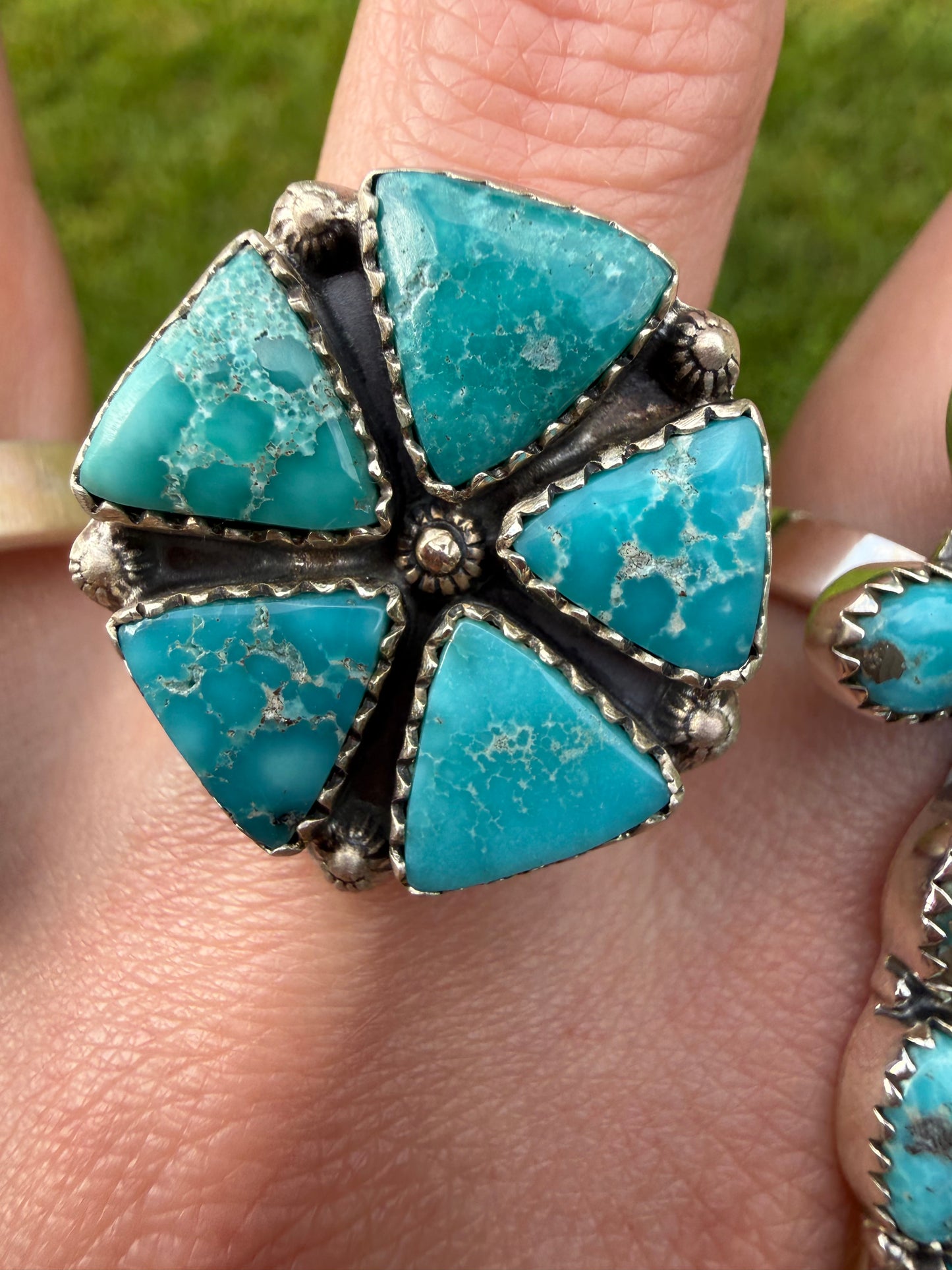 Whitewater Turquoise Cluster Sterling Silver Adjustable Ring
