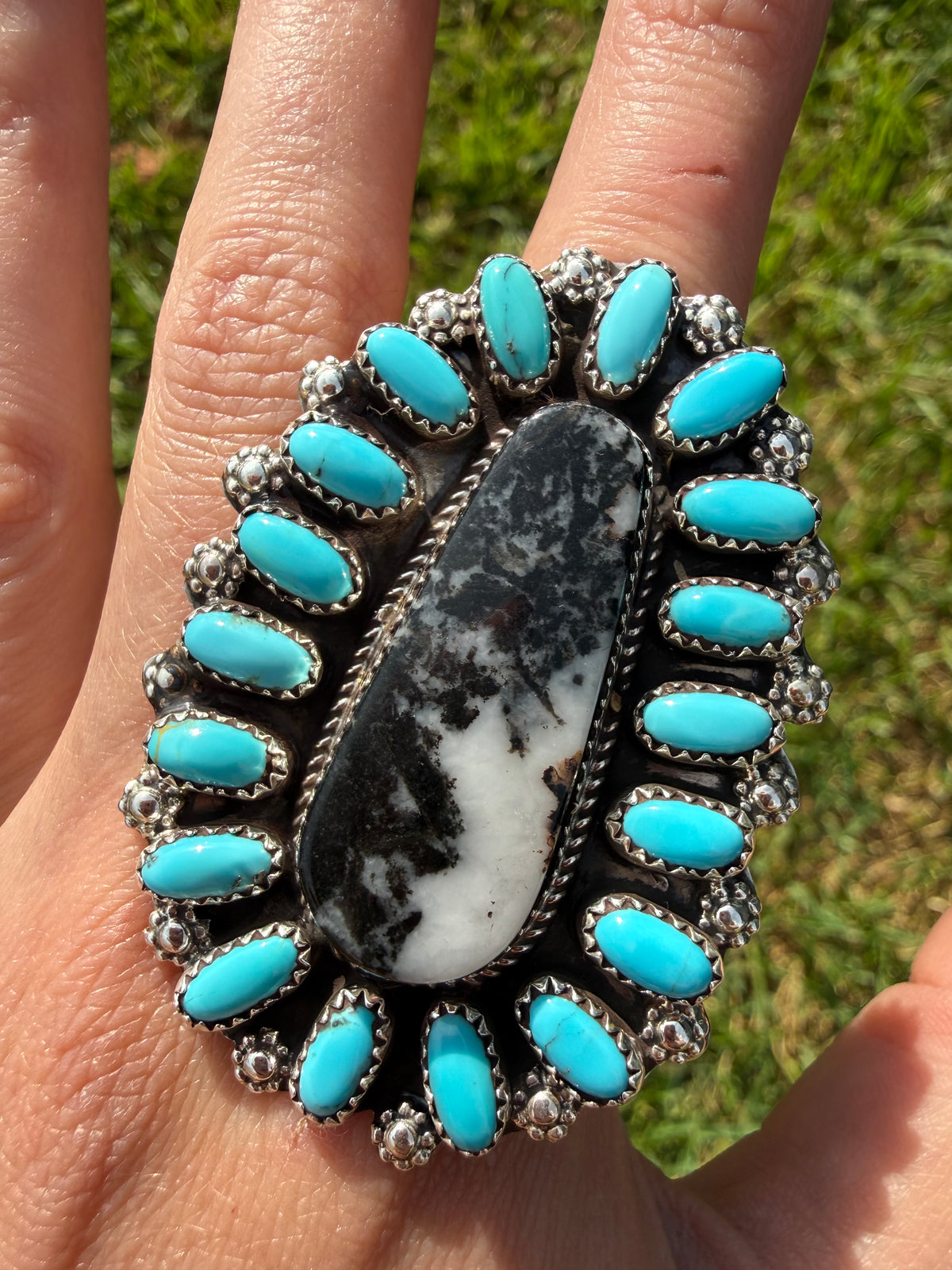 Navajo White Buffalo and Turquoise Big Statement Adjustable Sterling Silver Ring