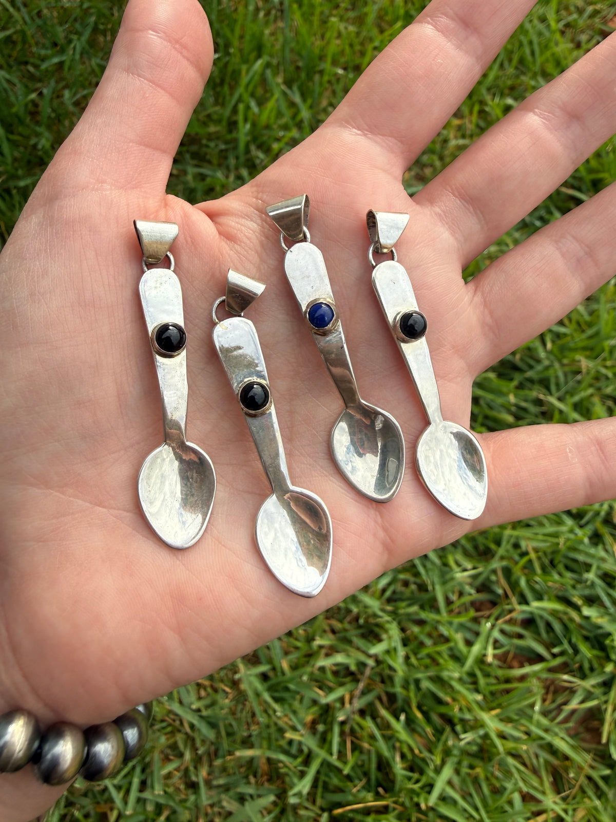 Navajo Spoon Black Onyx or Blue Lapis Sterling Silver Pendant