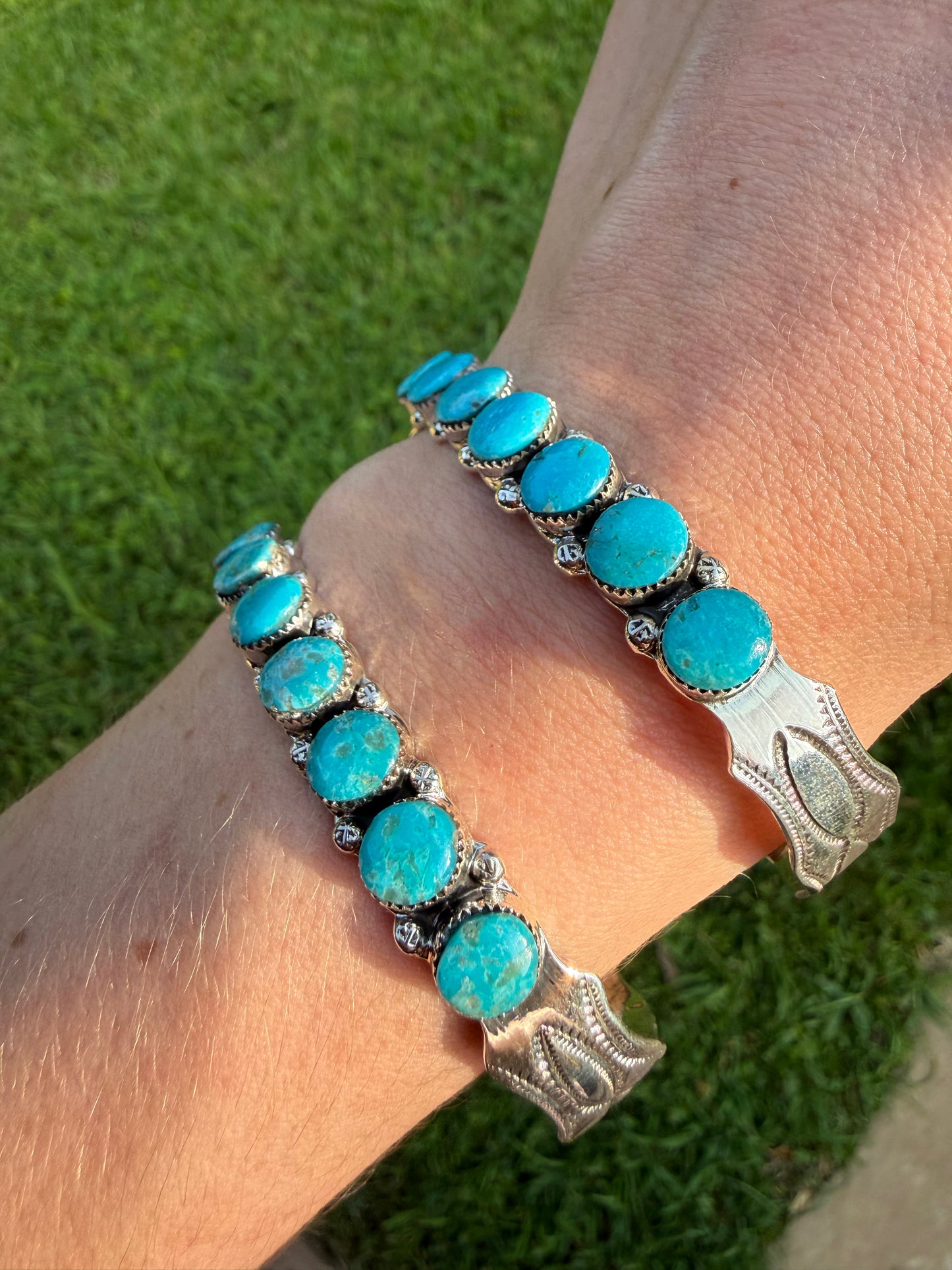 Navajo Turquoise 7 Stone Bar Sterling Silver Cuff Bracelet