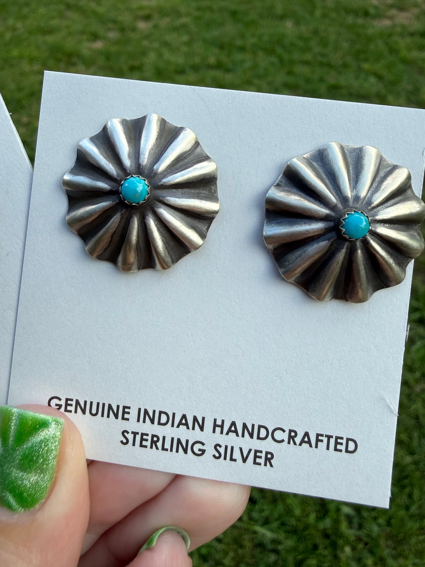 Navajo Concho Sterling Silver and Turquoise Earrings by Arlene Soce