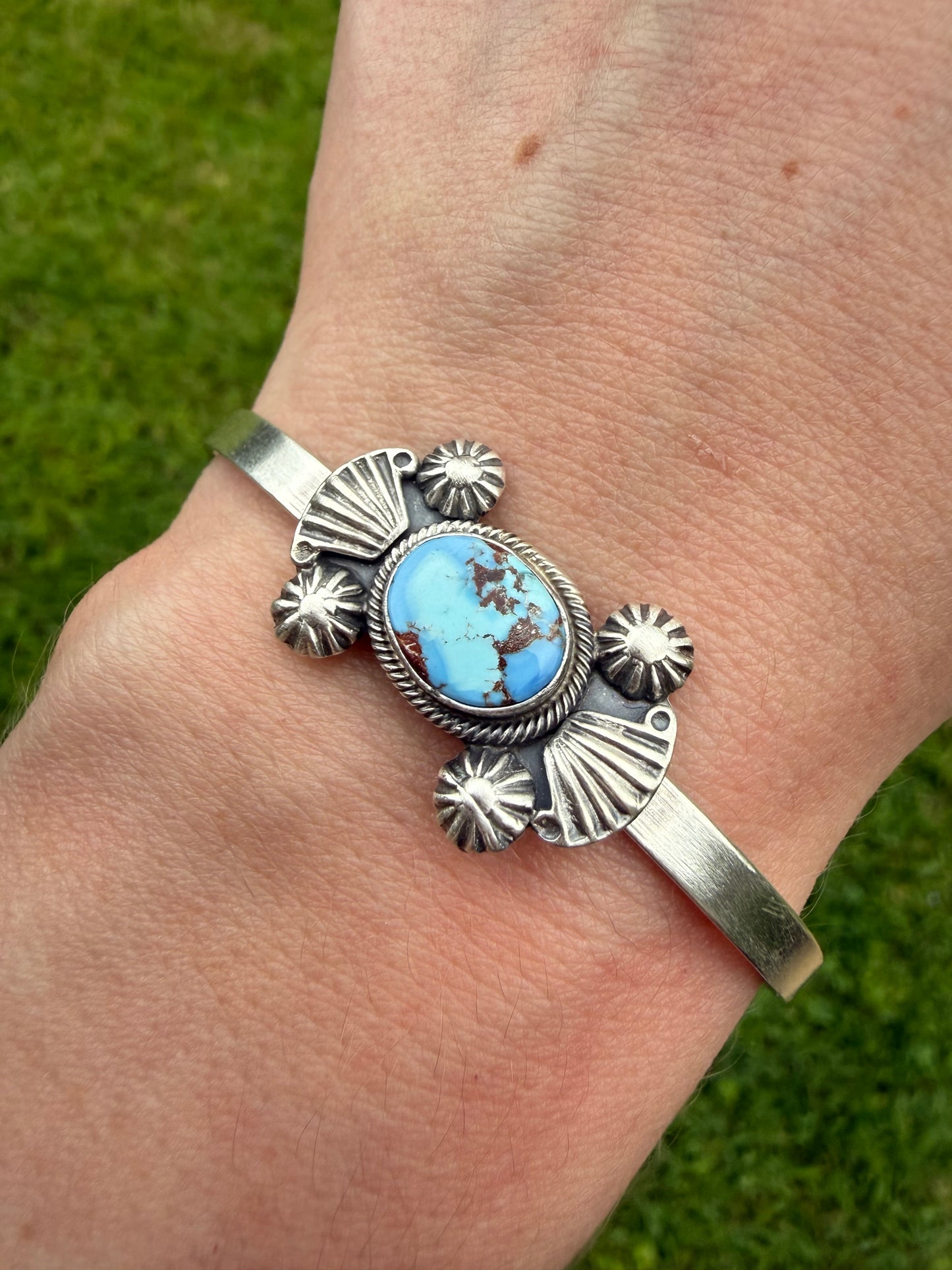 Navajo Golden Hills Turquoise Bow Tie Sterling Silver Stacker Cuff Bracelet