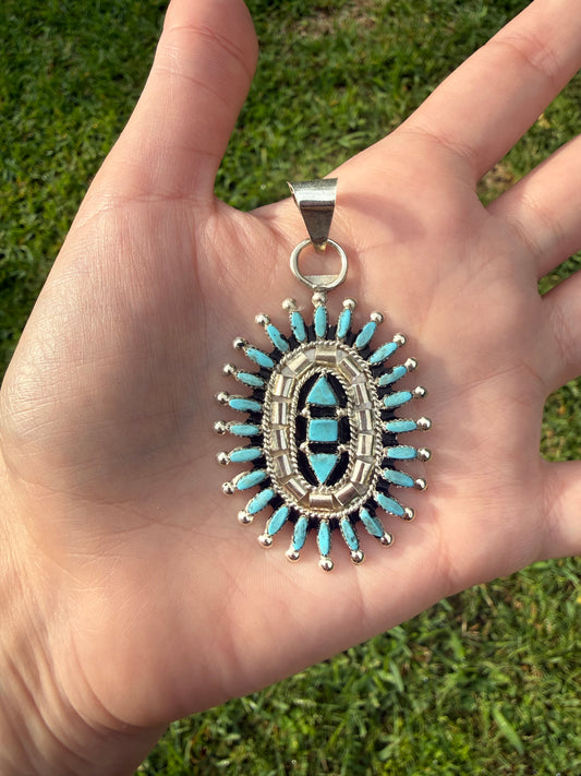 Native Zuni Needlepoint Turquoise Full Flower Cluster Pendant