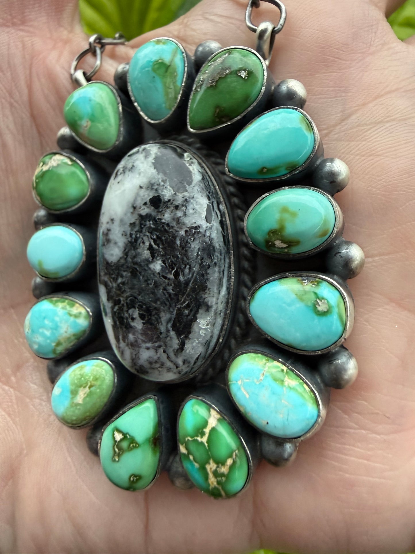 Navajo Sonoran Gold Turquoise and White Buffalo Full Flower Cluster Sterling Silver Necklace