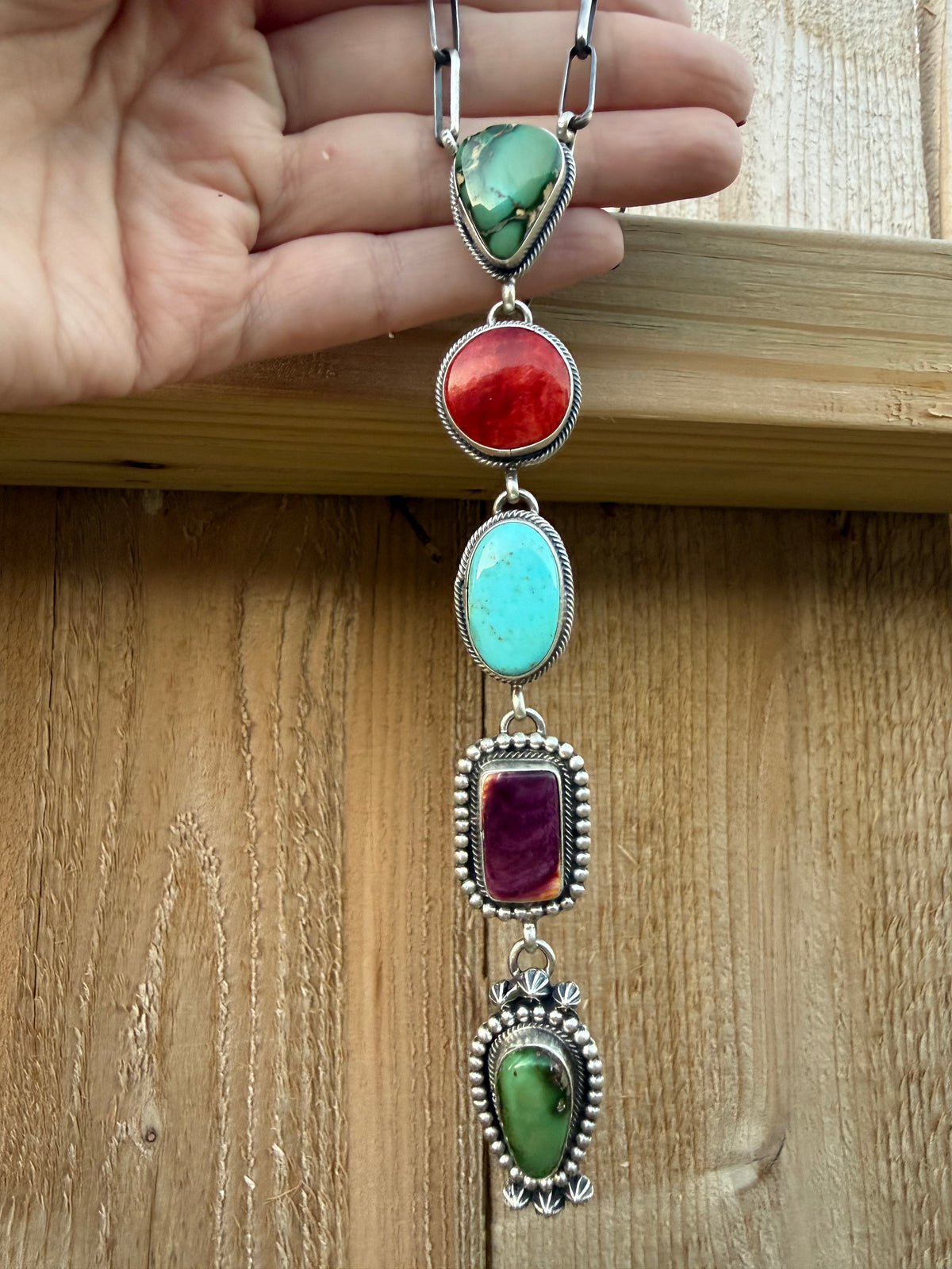 Navajo Multi Stone Sterling Silver Lariat Necklace