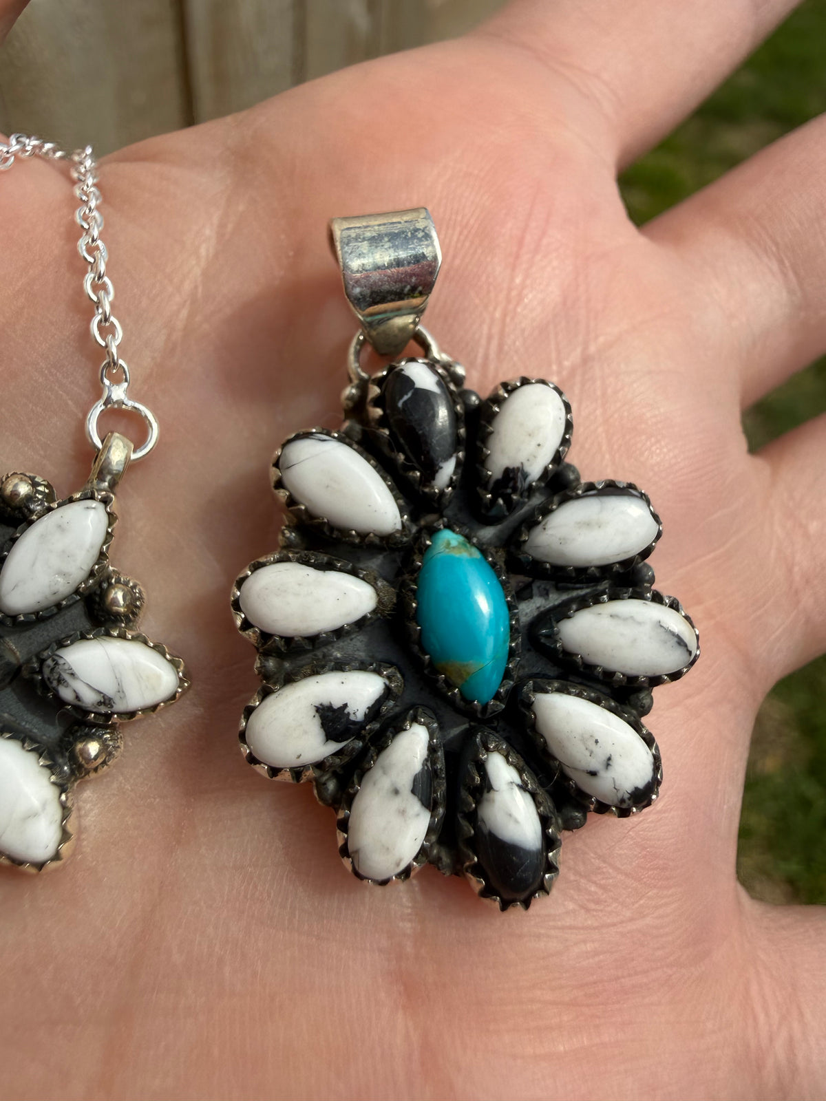 Kingman Turquoise and White Buffalo Full Flower Sterling Silver Pendant or Necklace