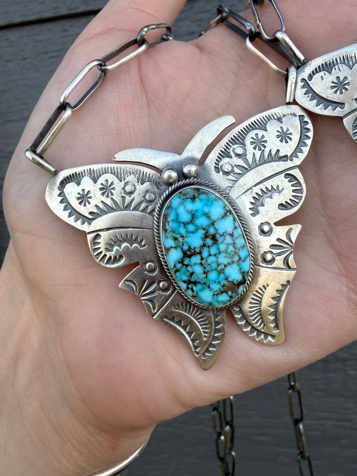 Navajo Sonoran Gold or Webbed Kingman Turquoise Butterfly Sterling Silver Necklace