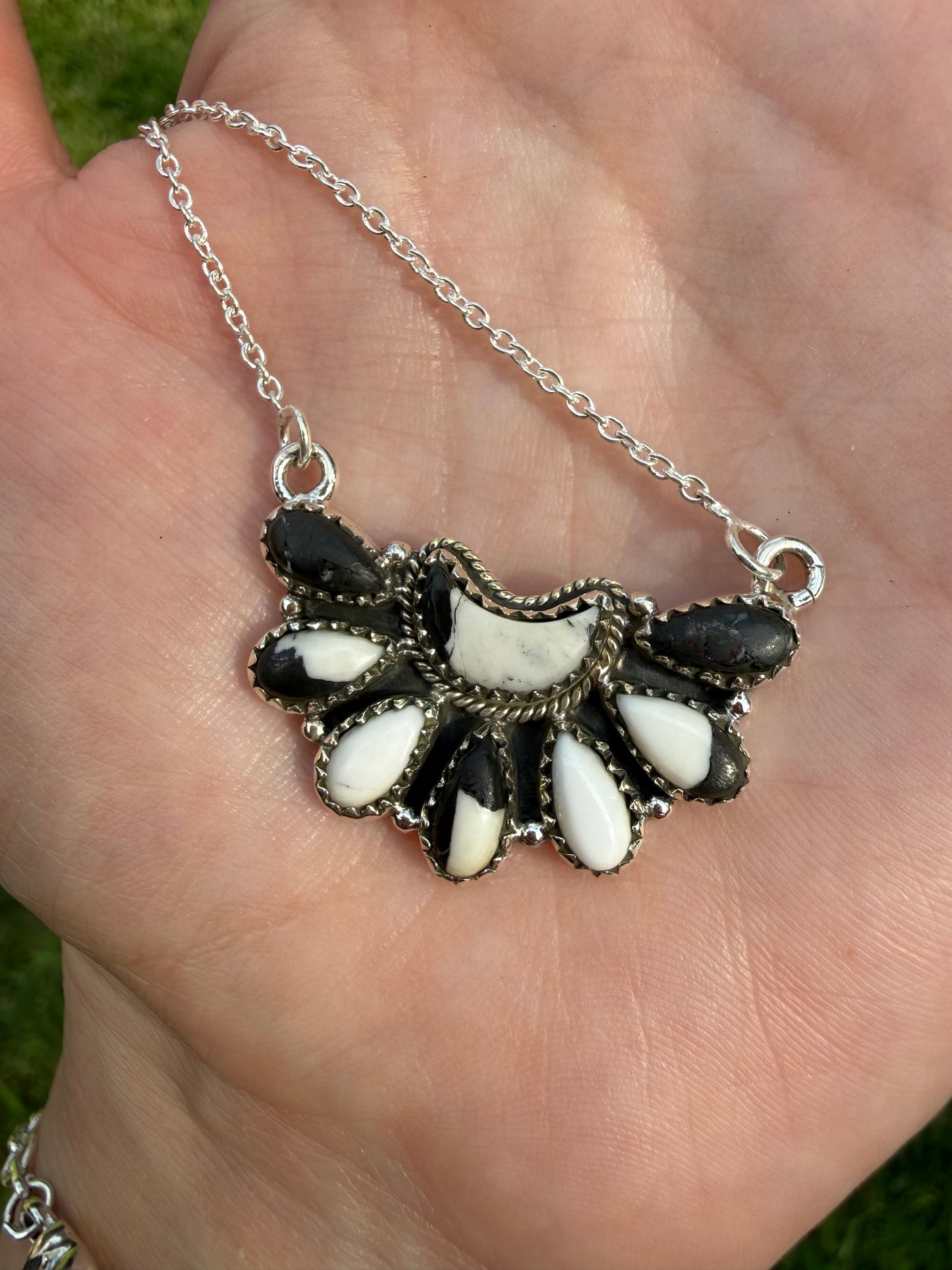 White Buffalo Unique Sterling Silver Naja Heart Bracelet or Half Cluster Moon Necklace