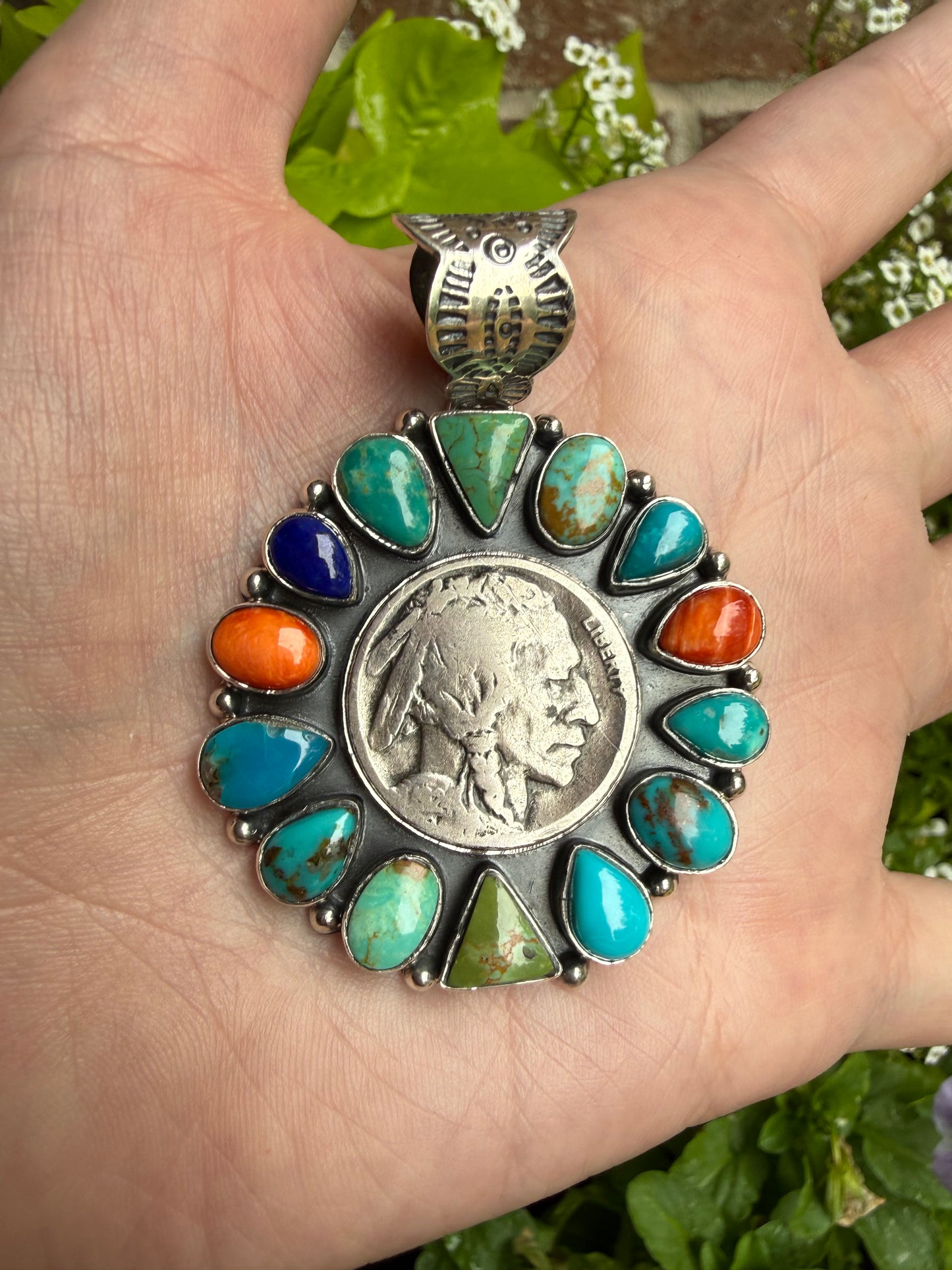 Multi Stone Full Flower Liberty Coin Sterling Silver Pendant