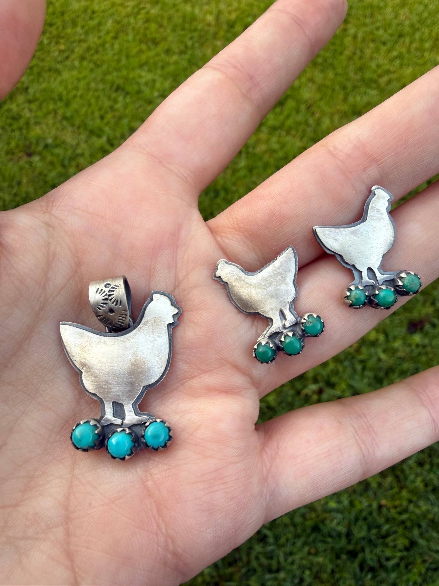 Chicken Turquoise Oxidized Sterling Silver Pendant or Earrings