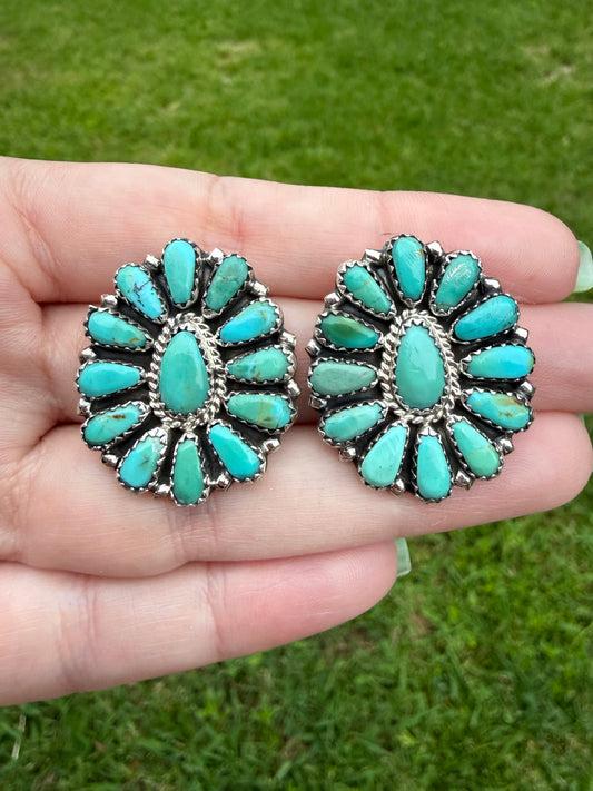Native Turquoise Full Flower Sterling Silver Earrings