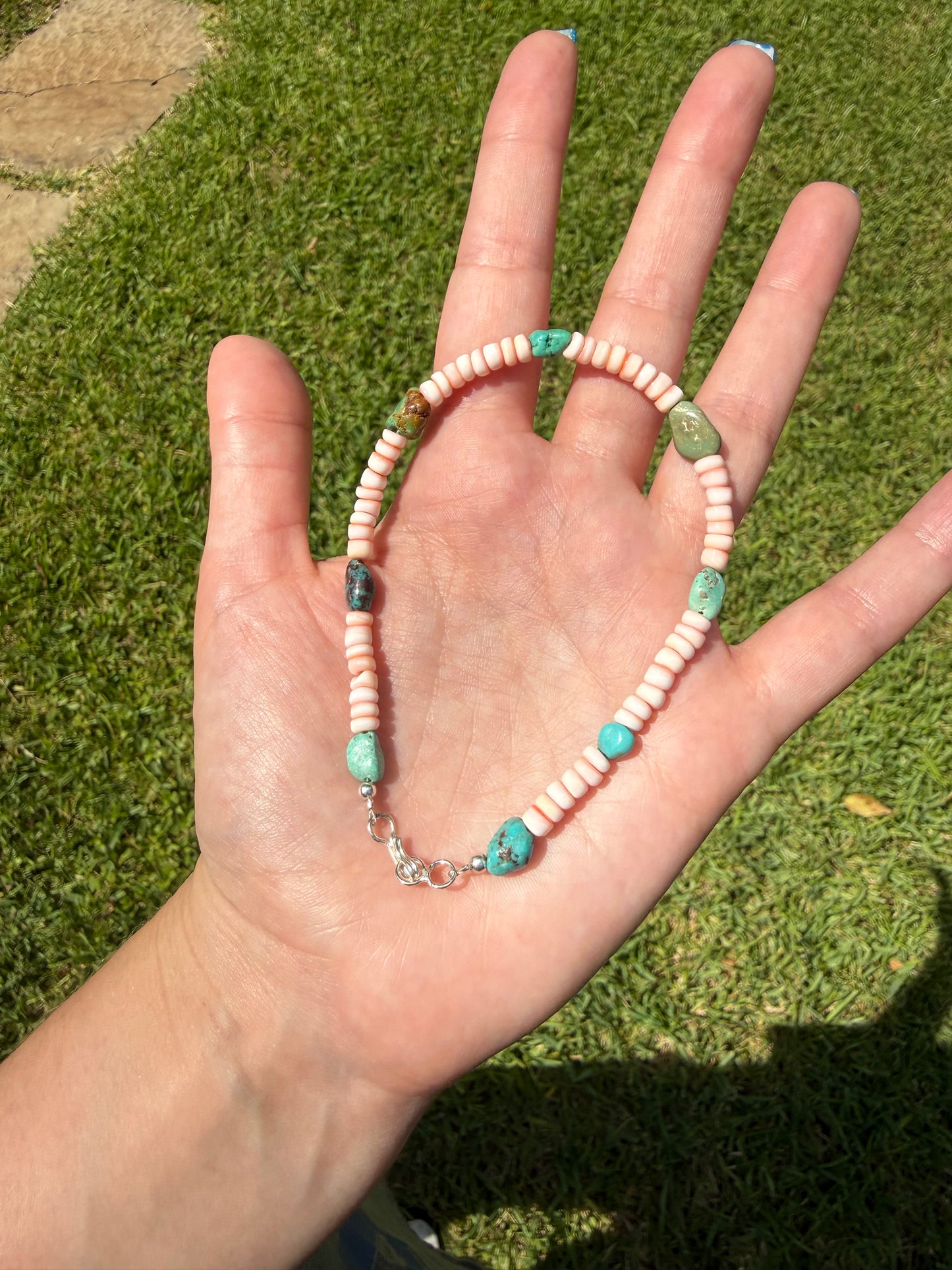 Pink Conch and Turquoise Sterling Silver Anklet