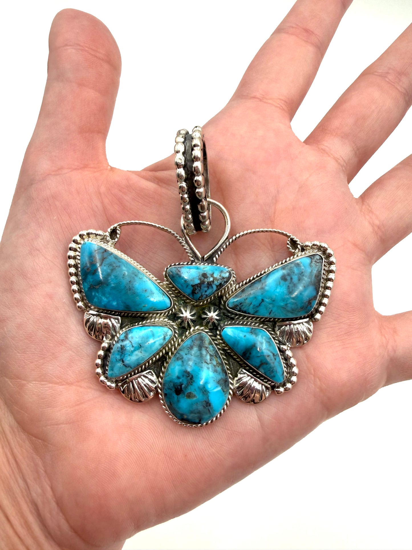 Native Turquoise Butterfly Statement Sterling Silver Pendant
